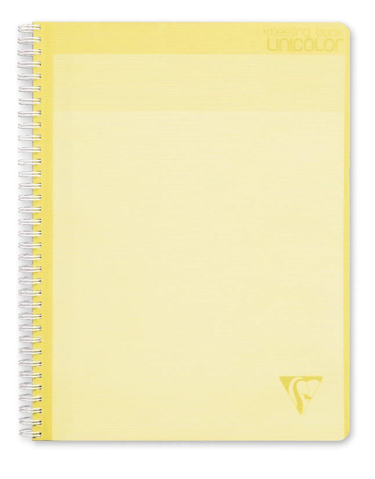 Ein gelbes spiralgebundenes Notizbuch mit einem schwachen Dreieckslogo in der unteren rechten Ecke.