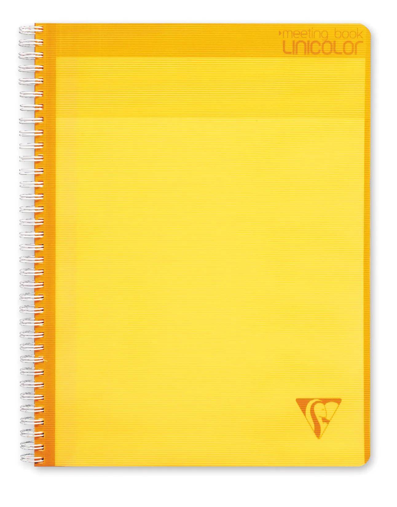 Ein gelbes spiralgebundenes Notizbuch mit transparentem Umschlag und einem kleinen dreieckigen Logo in der unteren rechten Ecke.