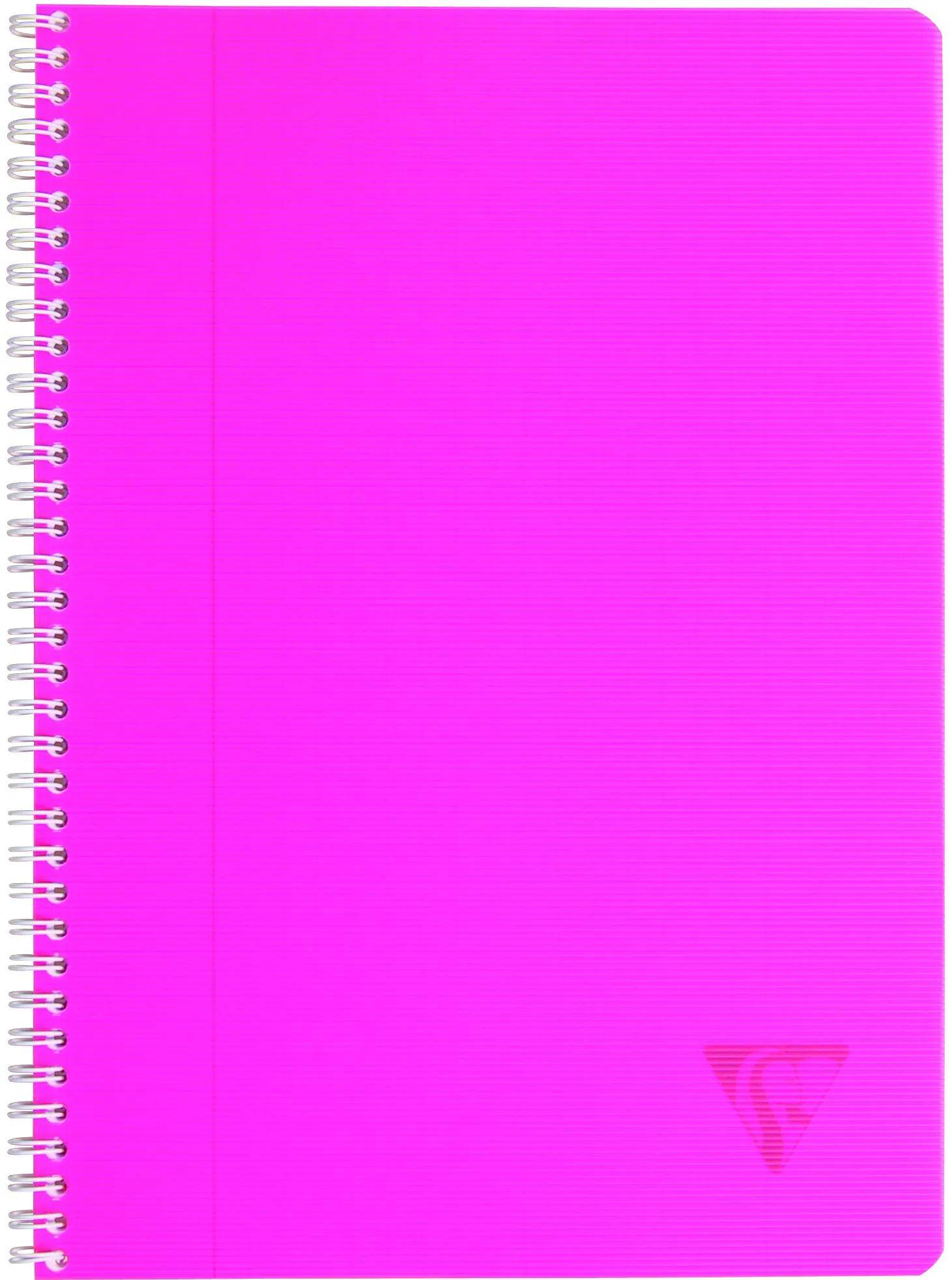 Leeres, hellrosa spiralgebundenes Notizbuch-Cover mit einem kleinen dreieckigen Logo in der unteren rechten Ecke.