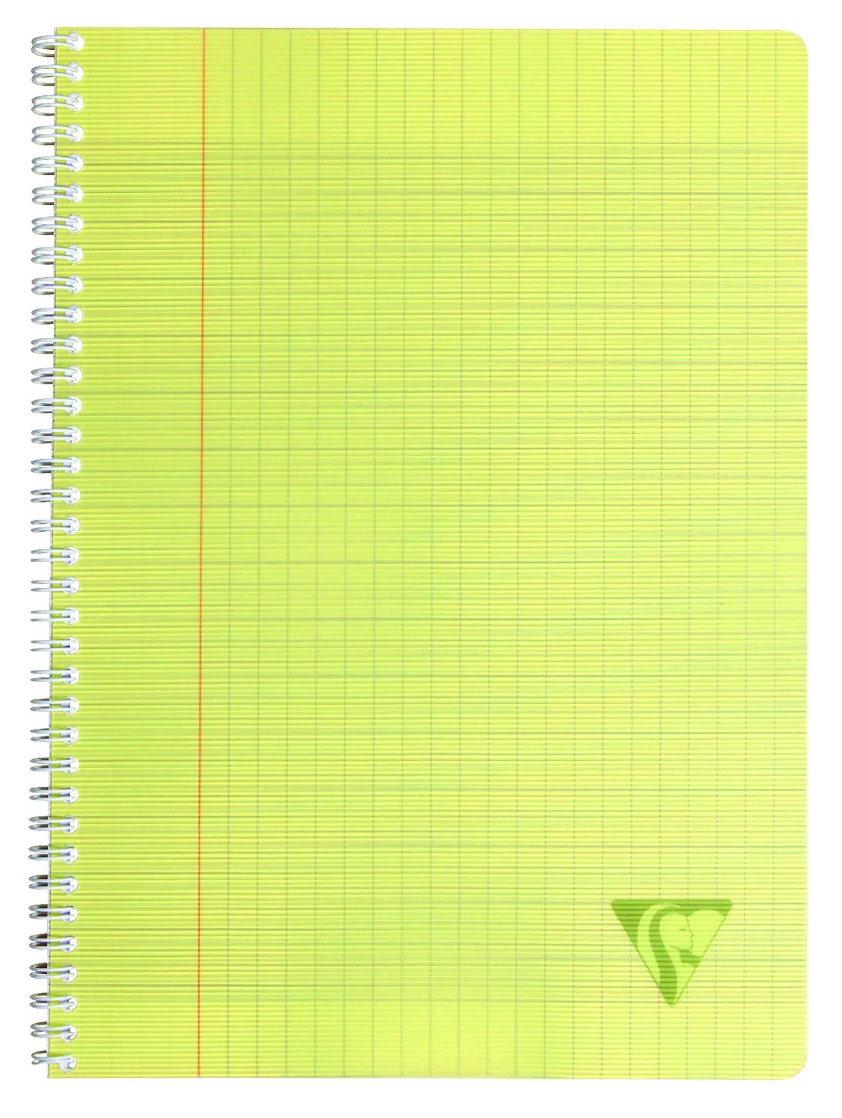 Leere gelbe spiralgebundene Graphiknotizseite mit feinen Gitterlinien und einem kleinen grünen Logo in der unteren rechten Ecke.