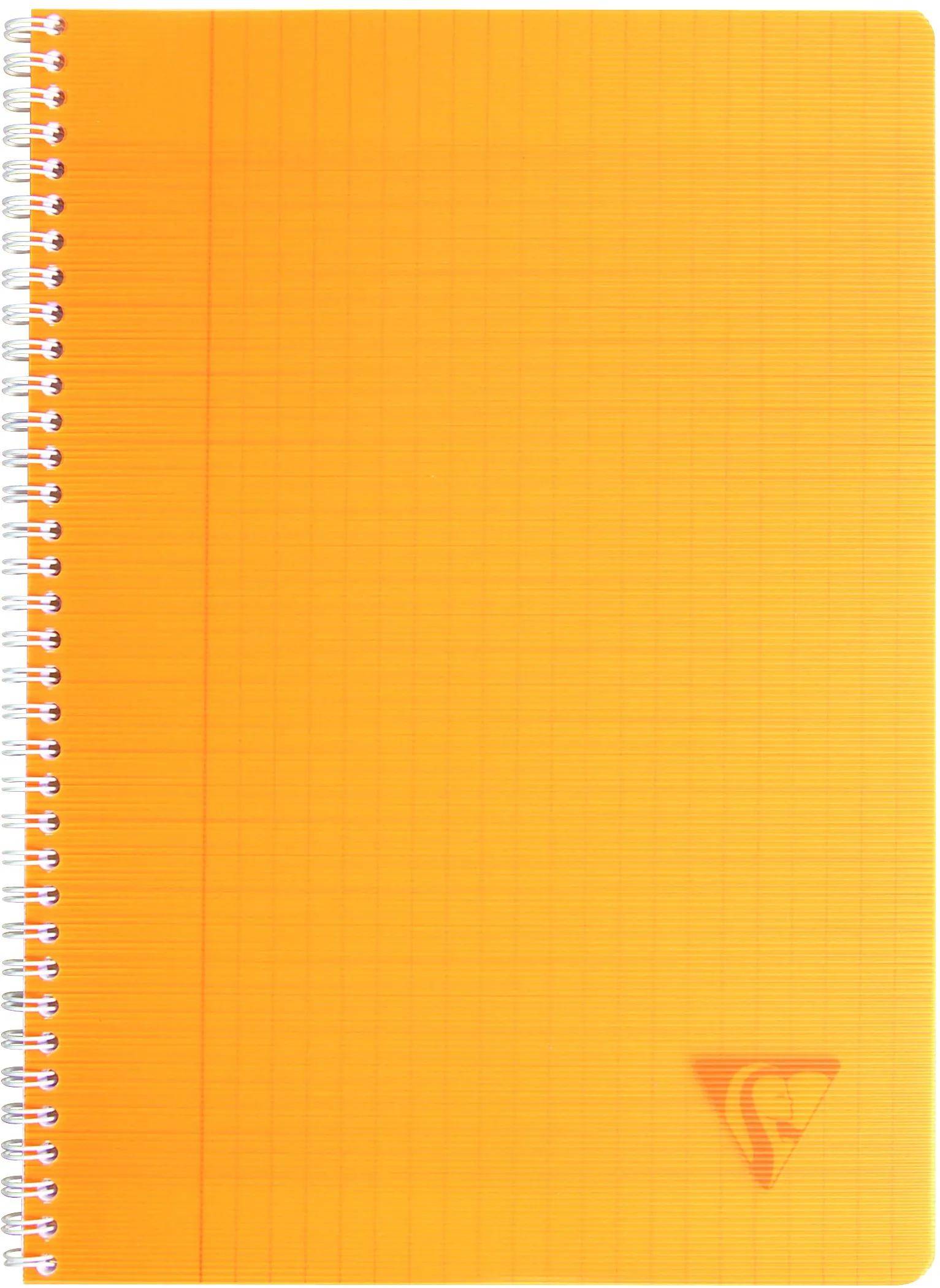 Gelbes spiralgebundenes Notizbuch mit leerem Umschlag und kleinem dreieckigem Logo in der unteren rechten Ecke.