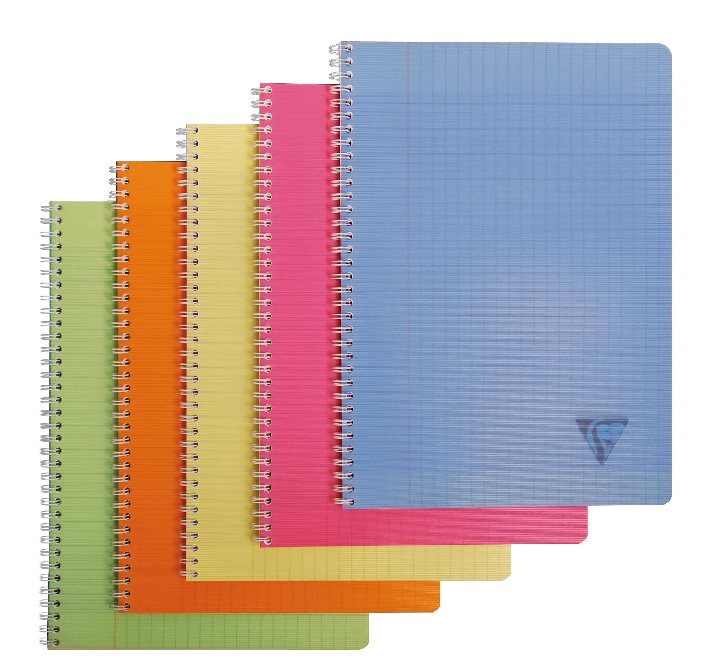 Stapel von fünf spiralgebundenen Notizbüchern in Grün, Orange, Gelb, Rosa und Blau auf weißem Hintergrund.