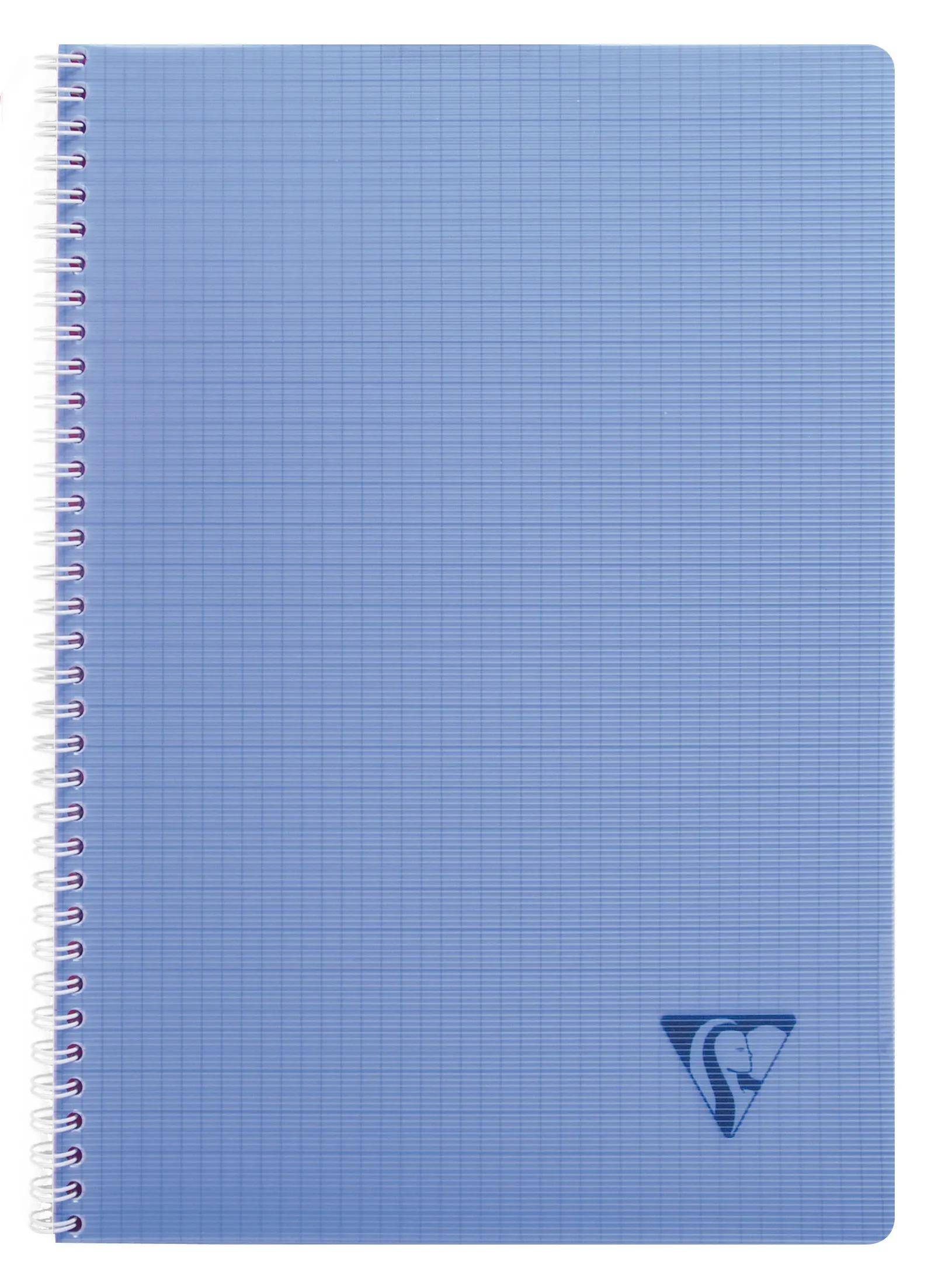 Blaues spiralgebundenes Notizbuch mit karierten Seiten, schlichtem Gitterdesign auf dem Umschlag und kleinem Logo in der unteren rechten Ecke.
