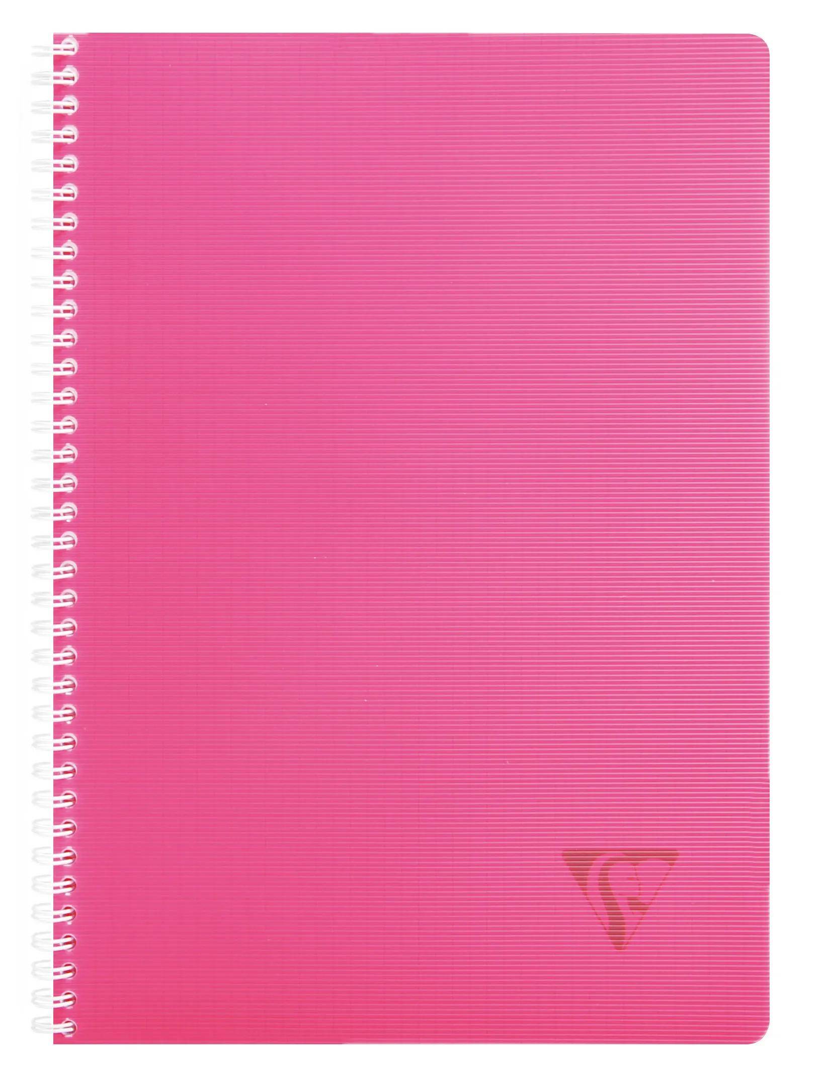 Rosa spiralgebundenes Notizbuch mit strukturiertem Einband und kleinem Logo in der unteren rechten Ecke.