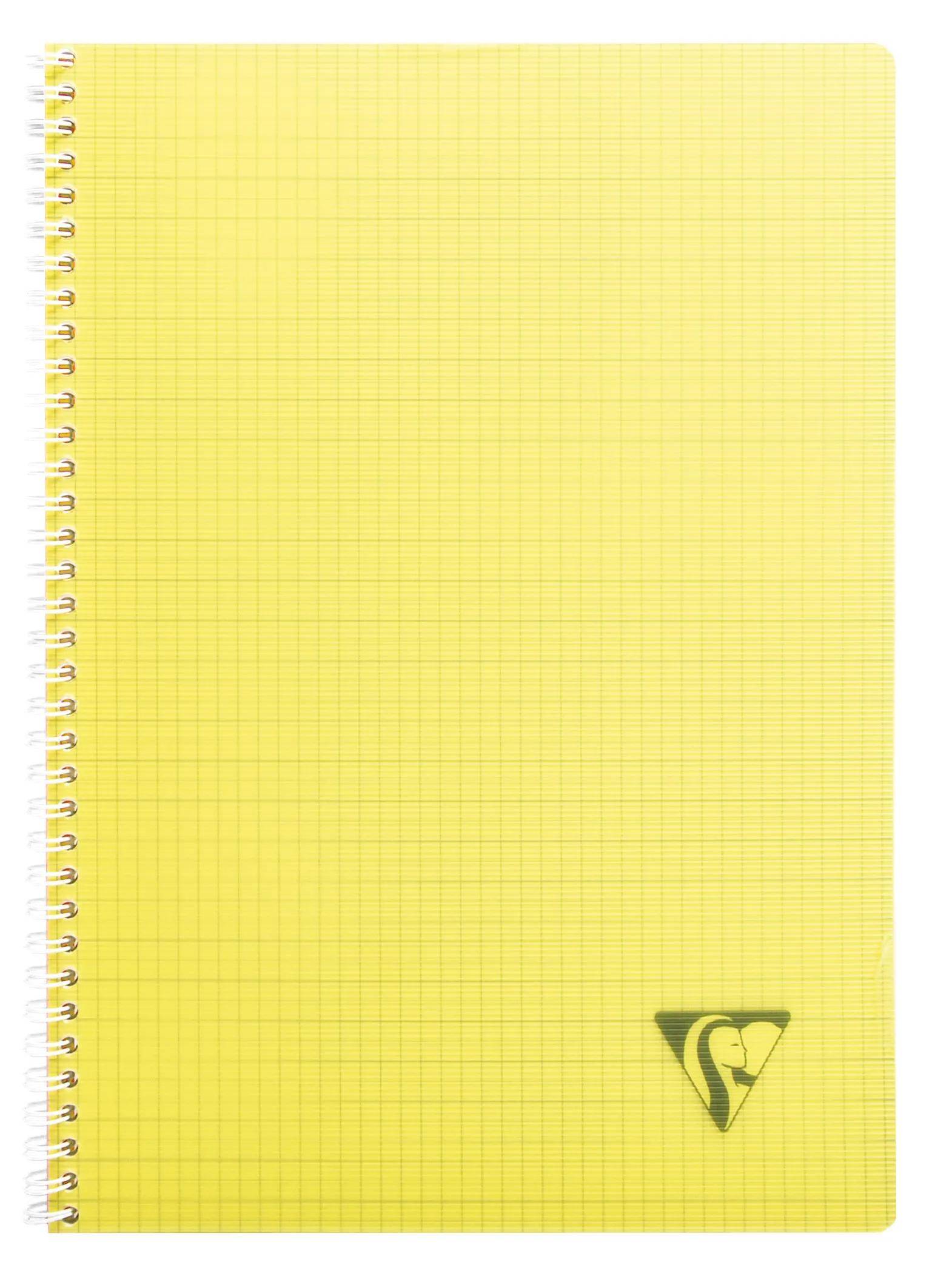 Gelbes spiralgebundenes Notizbuch mit Millimeterpapier und einem kleinen dreieckigen Logo auf der unteren rechten Seite des Deckels.