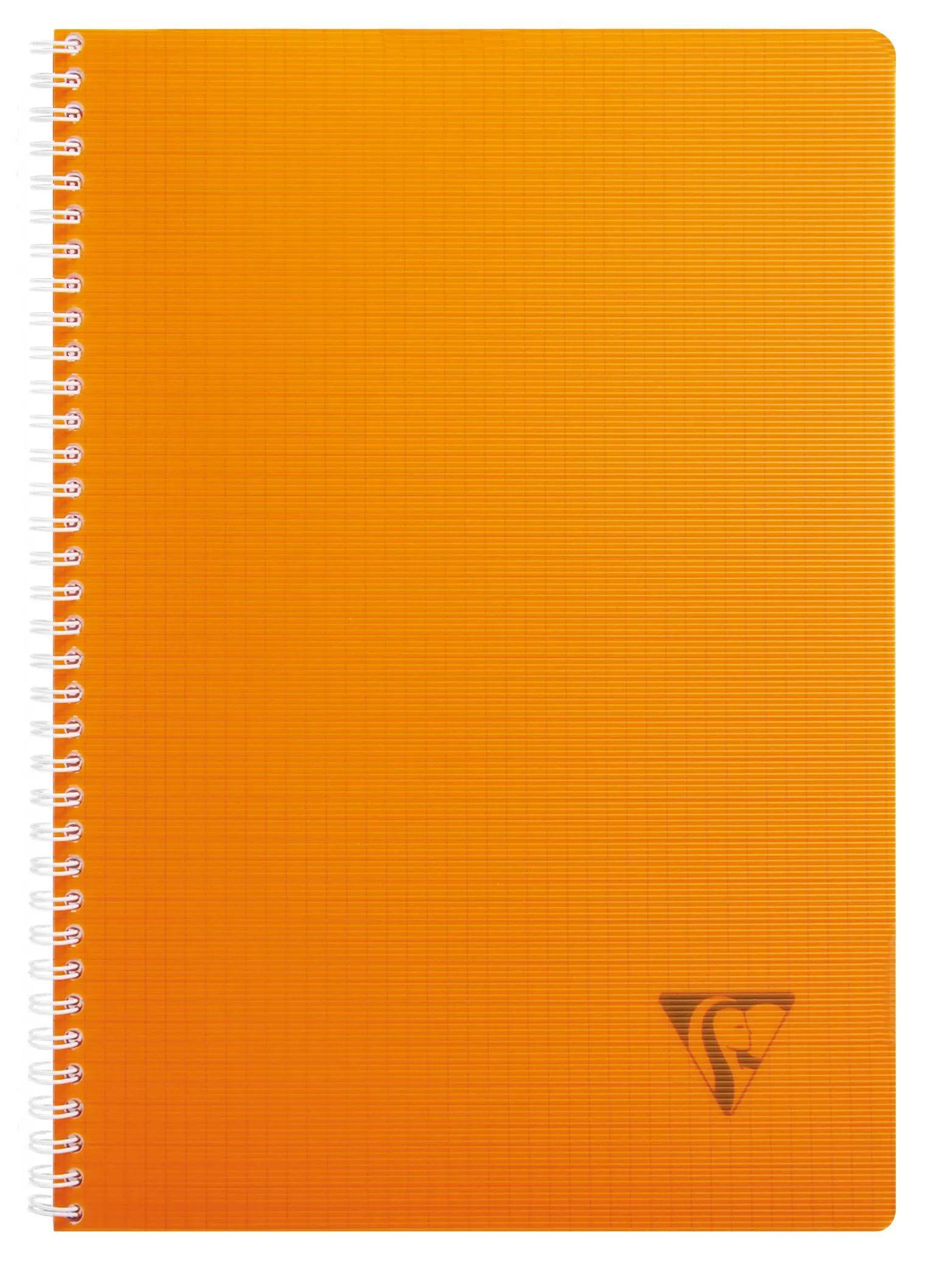 Oranges spiralgebundenes Notizbuch mit einfachem Umschlag und kleinem Logo in der unteren rechten Ecke.