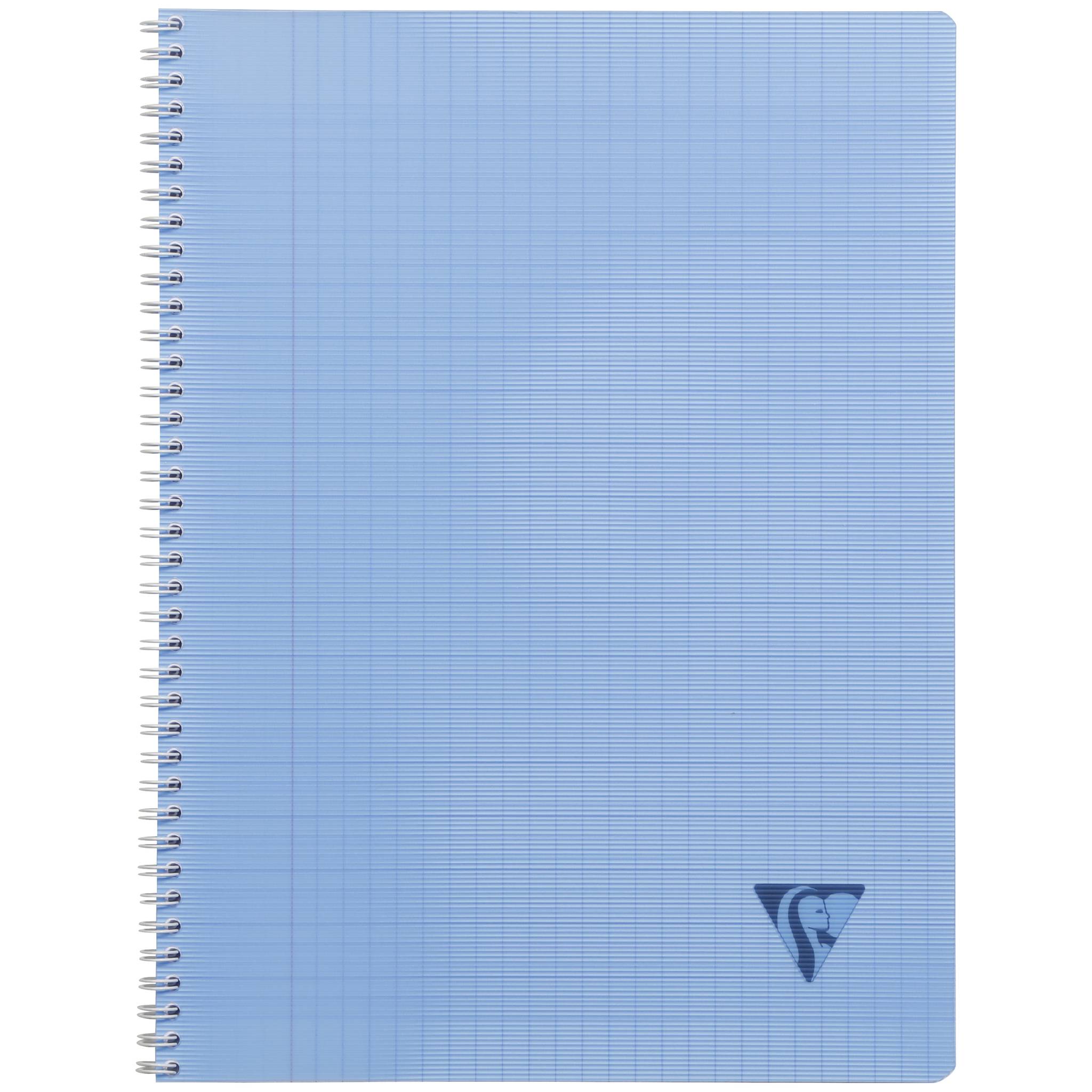 Blaukariertes spiralgebundenes Notizbuch mit Karopapier-Umschlag und einem kleinen dreieckigen Logo unten rechts.