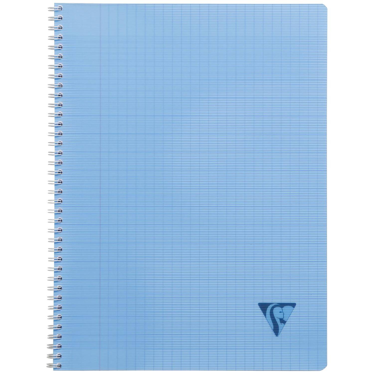 Hellblues spiralgebundenes Notizbuch mit Millimeterpapier-Umschlag und kleinem dreieckigem Logo in der unteren rechten Ecke.