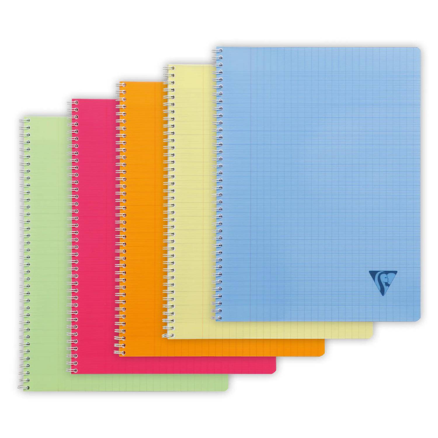 Stapel aus fünf spiralgebundenen Notizbüchern in Grün, Rosa, Orange, Gelb und Blau auf weißem Hintergrund.
