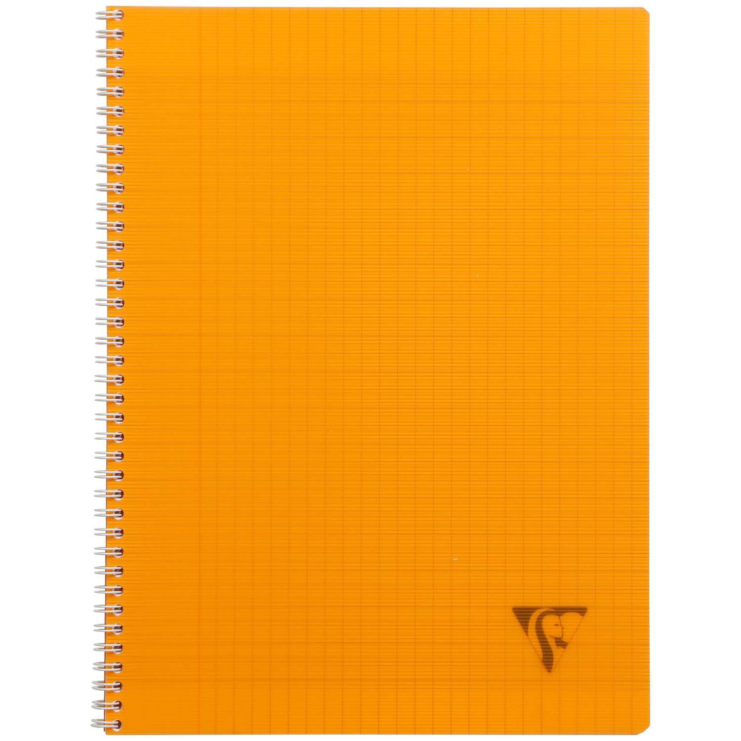 Orange spiralgebundenes Notizbuch mit leerem Umschlag und kleinem Logo in der unteren rechten Ecke.