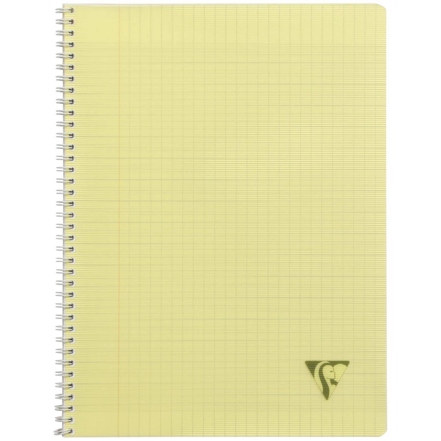 Gelbes spiralgebundenes Notizbuch mit leerem Gitterpapier und einem kleinen Logo auf dem Umschlag.