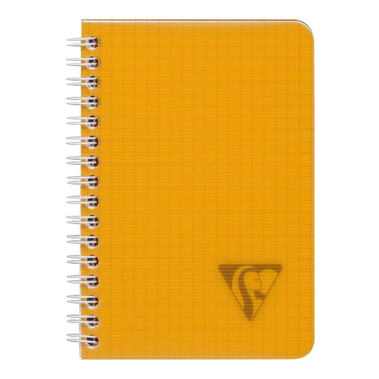Orange spiralgebundenes Notizbuch mit leerem Umschlag und kleinem dreieckigem Logo unten rechts.
