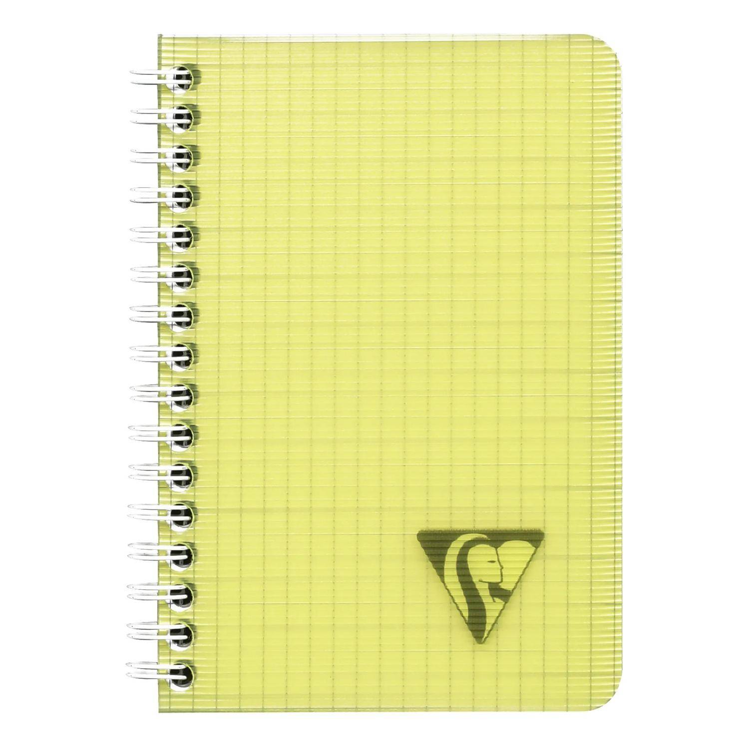 Gelbes spiralgebundenes Notizbuch mit Millimeterpapier und einem kleinen dreieckigen Logo auf dem Umschlag.