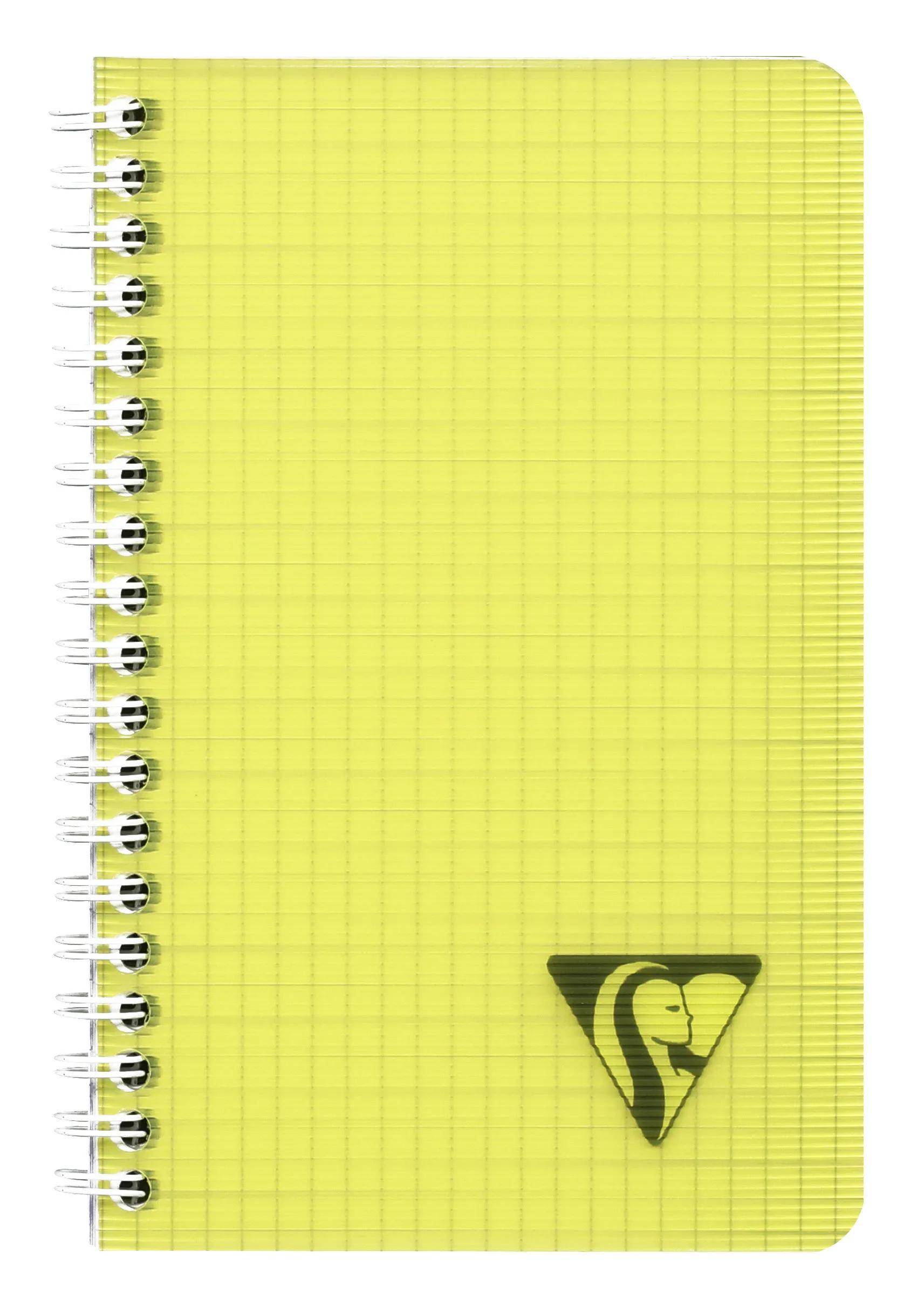 Gelbes spiralgebundenes Notizbuch mit Gitterlinien und einem kleinen dreieckigen Logo in der unteren rechten Ecke.