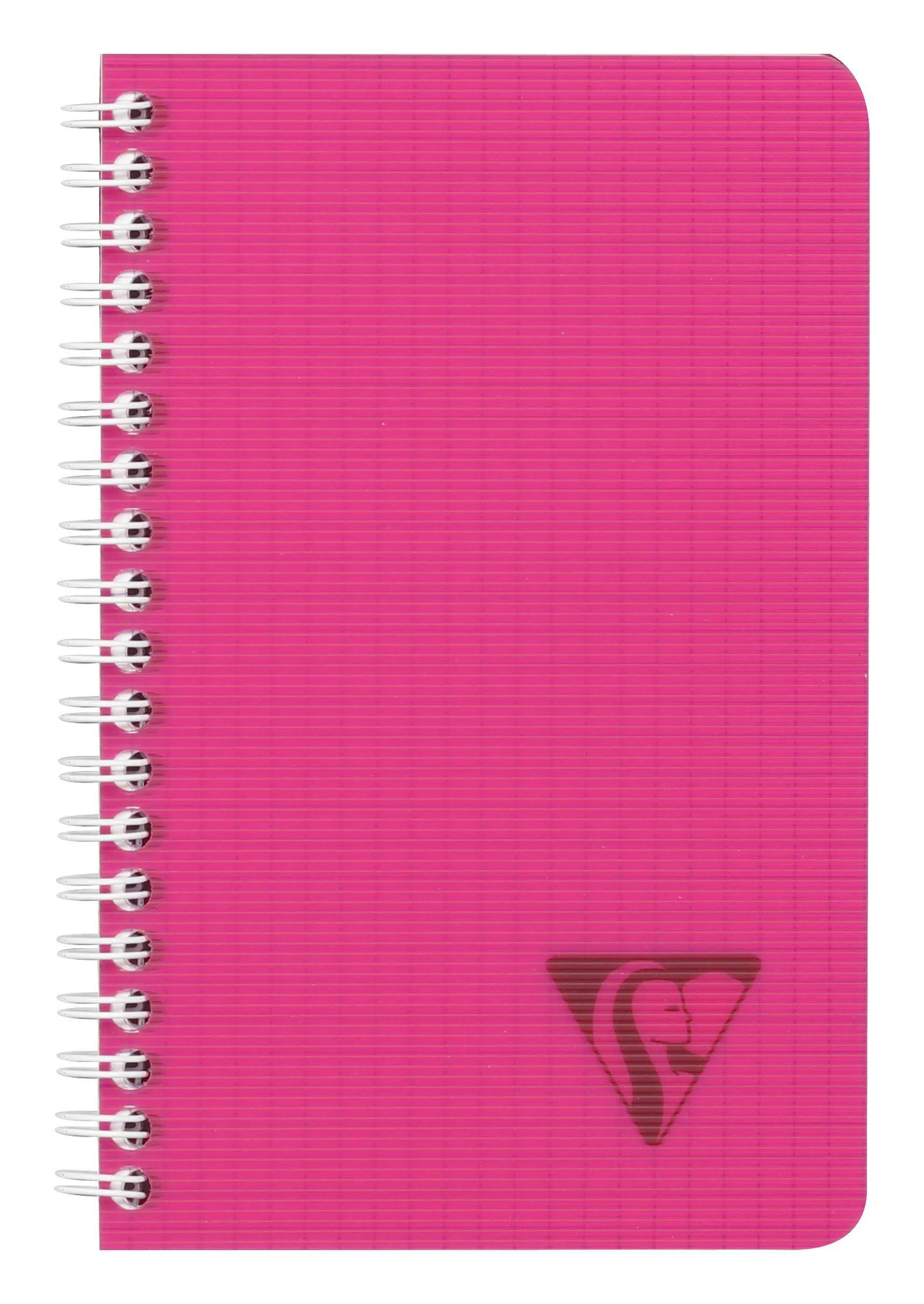 Rosa spiralgebundenes Notizbuch mit leerer Vorderseite und kleinem Logo in der unteren rechten Ecke.