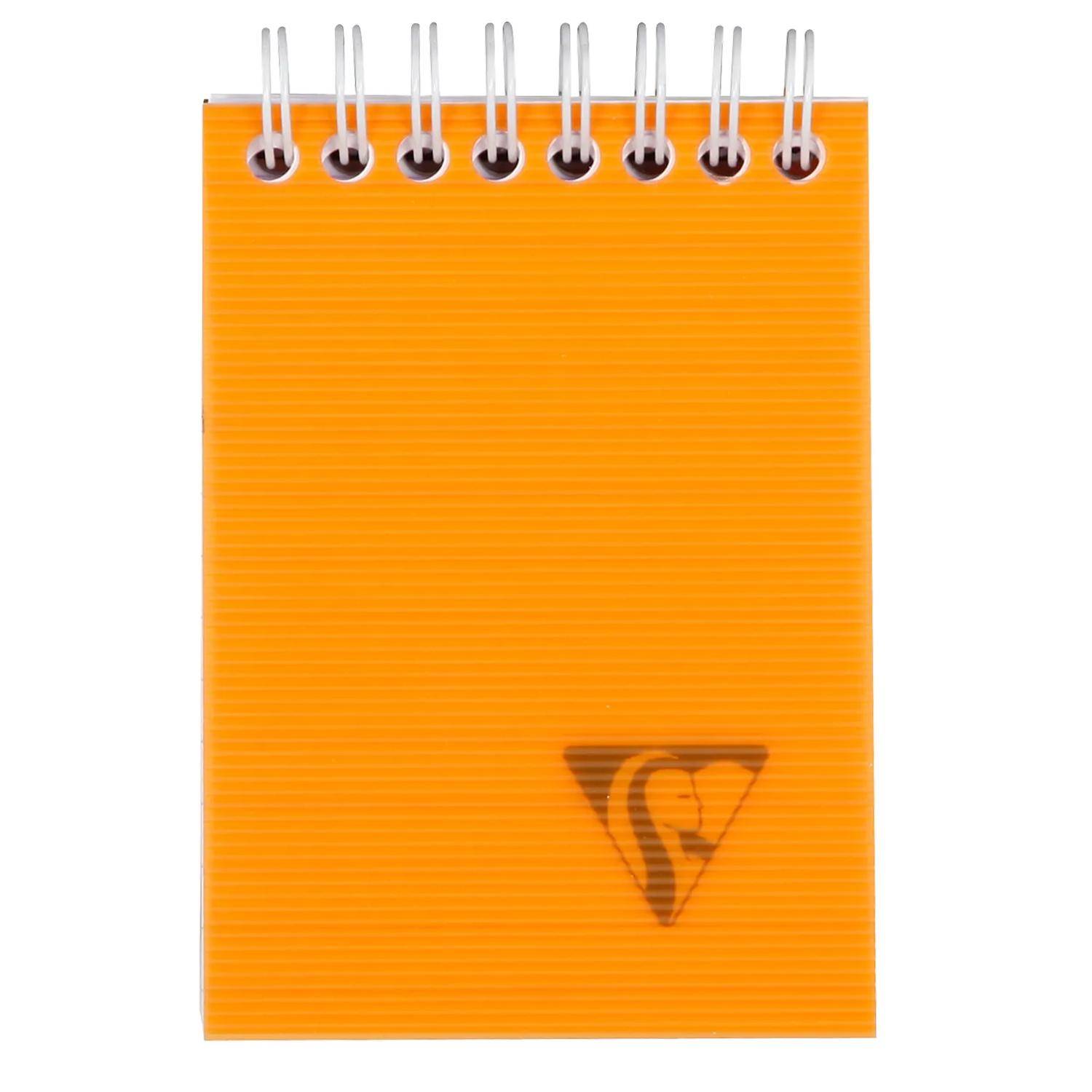 Oranges spiralgebundenes Notizbuch mit leerem Umschlag und einem kleinen dunklen dreieckigen Logo in der Nähe des unteren Randes.