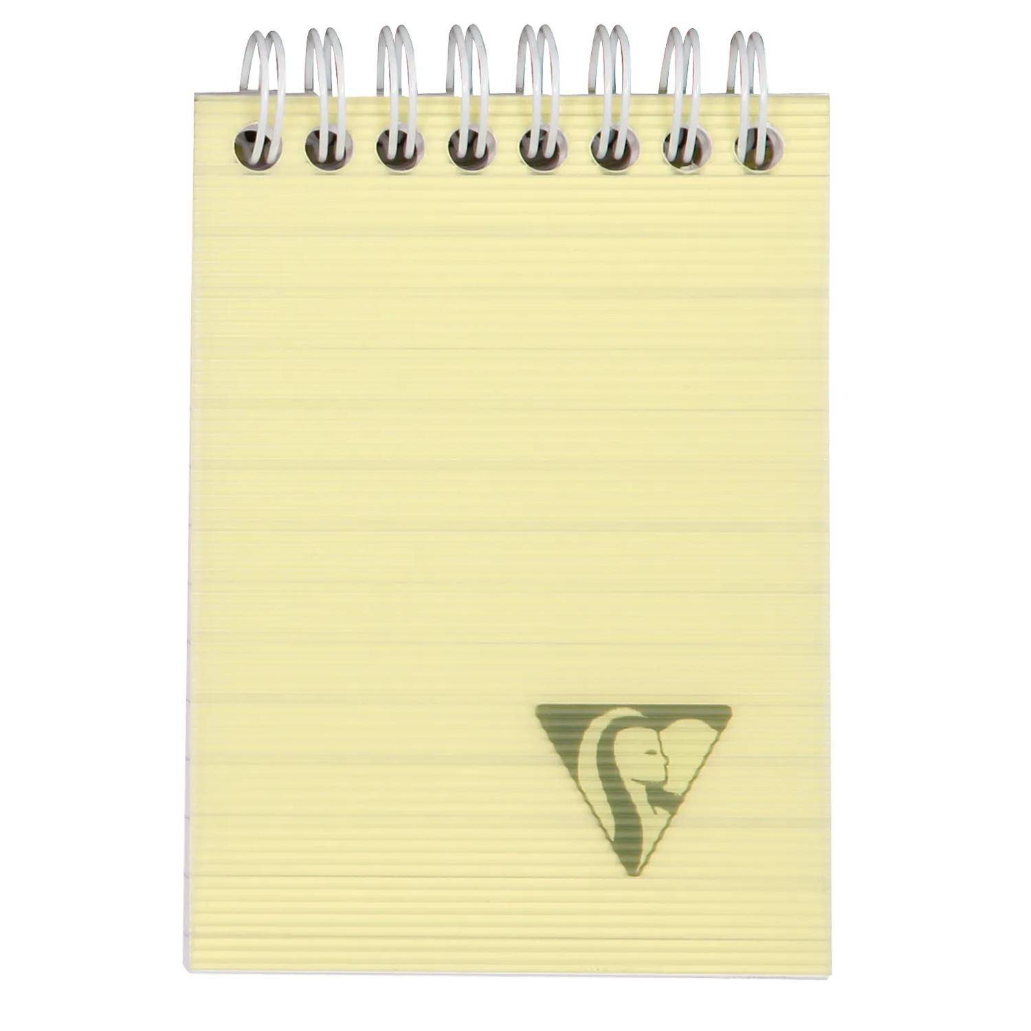 Gelbes spiralgebundenes Notizbuch mit leeren linierten Seiten und einem kleinen dreieckigen Logo in der Nähe des unteren Randes.
