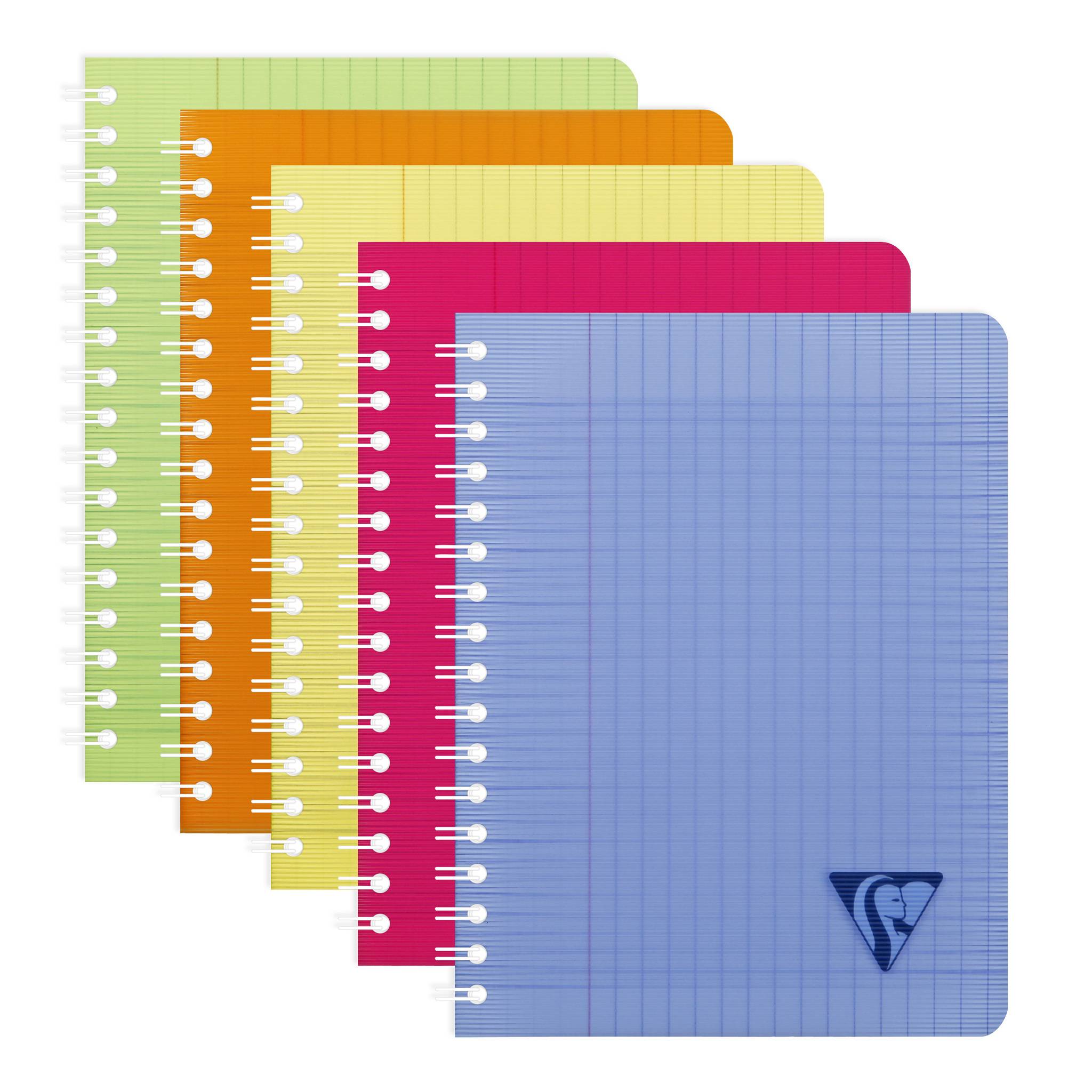 Stapel von fünf spiralgebundenen Notizbüchern in Grün, Orange, Gelb, Rosa und Blau, fächerförmig ausgebreitet mit linierten Umschlägen und einem kleinen Logo auf dem vorderen Notizbuch.