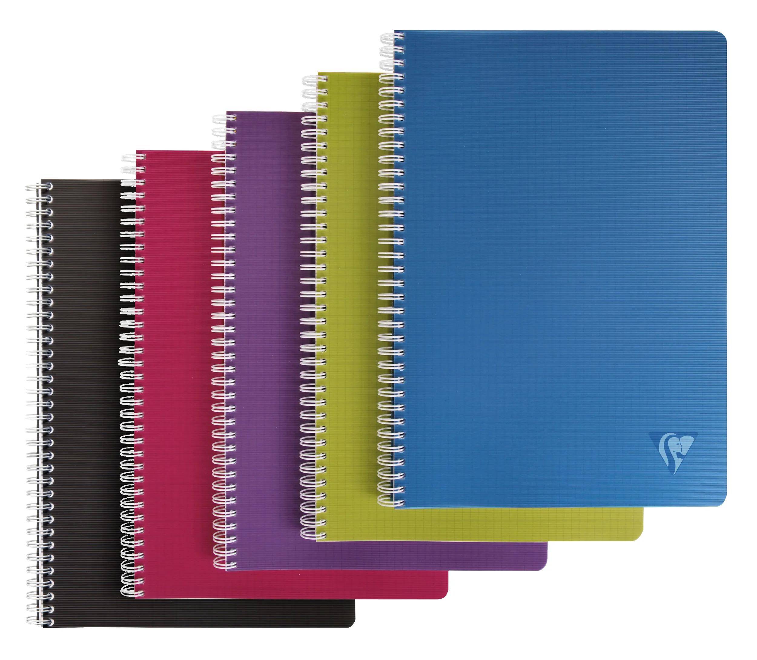Stapel von fünf spiralgebundenen Notizbüchern mit schwarzen, roten, violetten, grünen und blauen Einbänden auf weißem Hintergrund.
