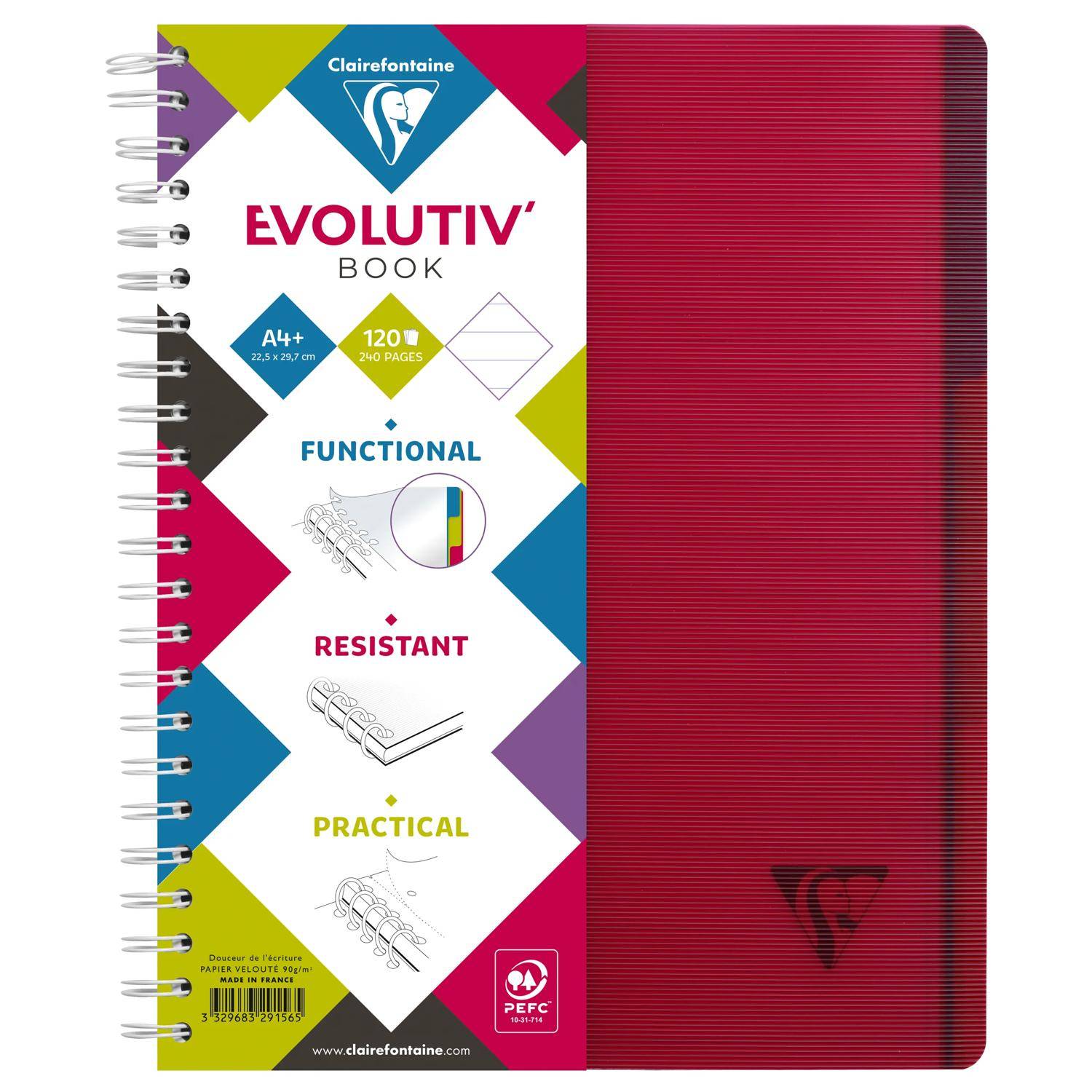 Spiralgebundenes Clairefontaine Evolutiv' Notizbuch mit rotem Umschlag, weißem Etikett und Blättern im Format A4+, 120 Seiten, funktional, robust, praktisch.