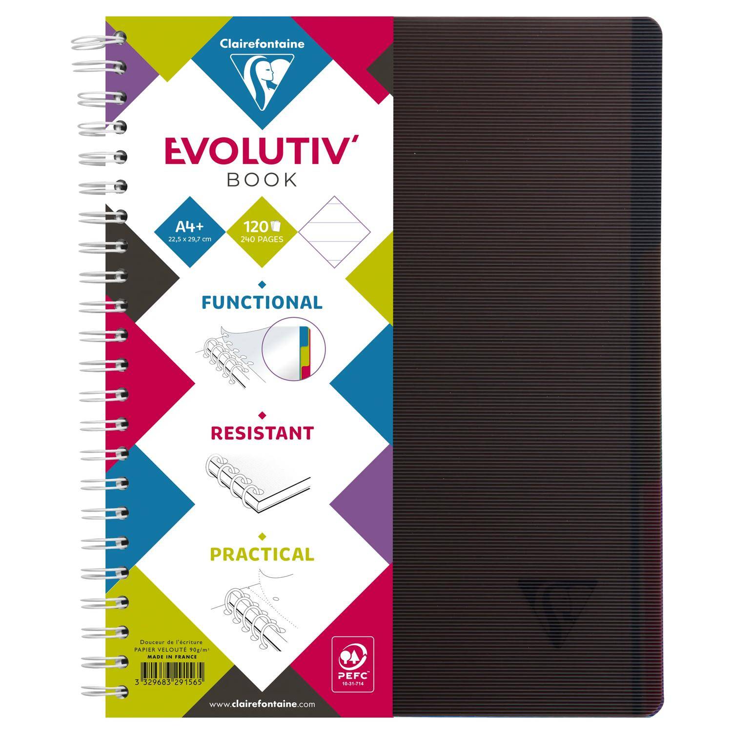 Spiral-gebundenes Clairefontaine Evolutiv' Notizbuch mit schwarzem Einband, frontal dargestellt, mit 120 Seiten und A4+ Format auf dem Einband.