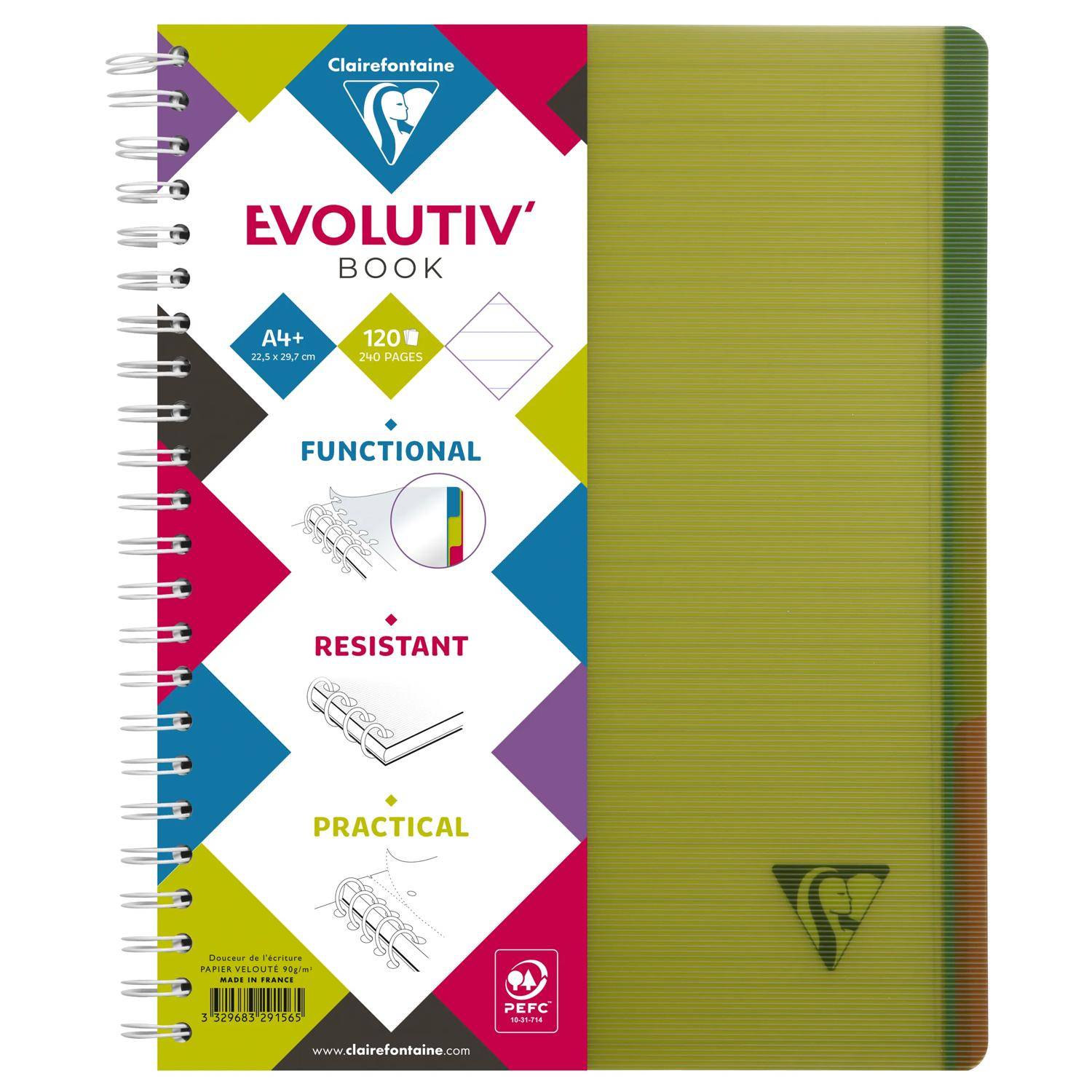 Spiral-gebundenes Clairefontaine Evolutiv' Book Notizbuch mit grünem Einband, gekennzeichnet als A4+, 120 Seiten, funktional, widerstandsfähig, praktisch.