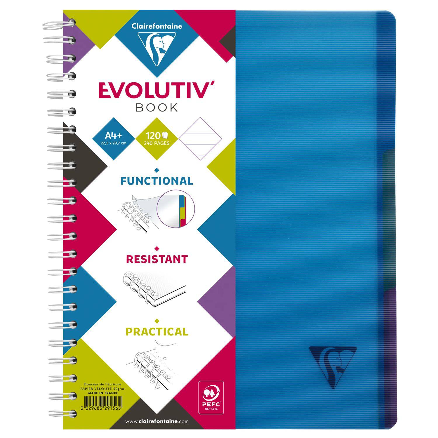 Blaues spiralgebundenes Clairefontaine Evolutiv'-Notizbuch mit weißem Frontcover mit der Bezeichnung A4+, 120 Seiten, funktional, widerstandsfähig, praktisch.