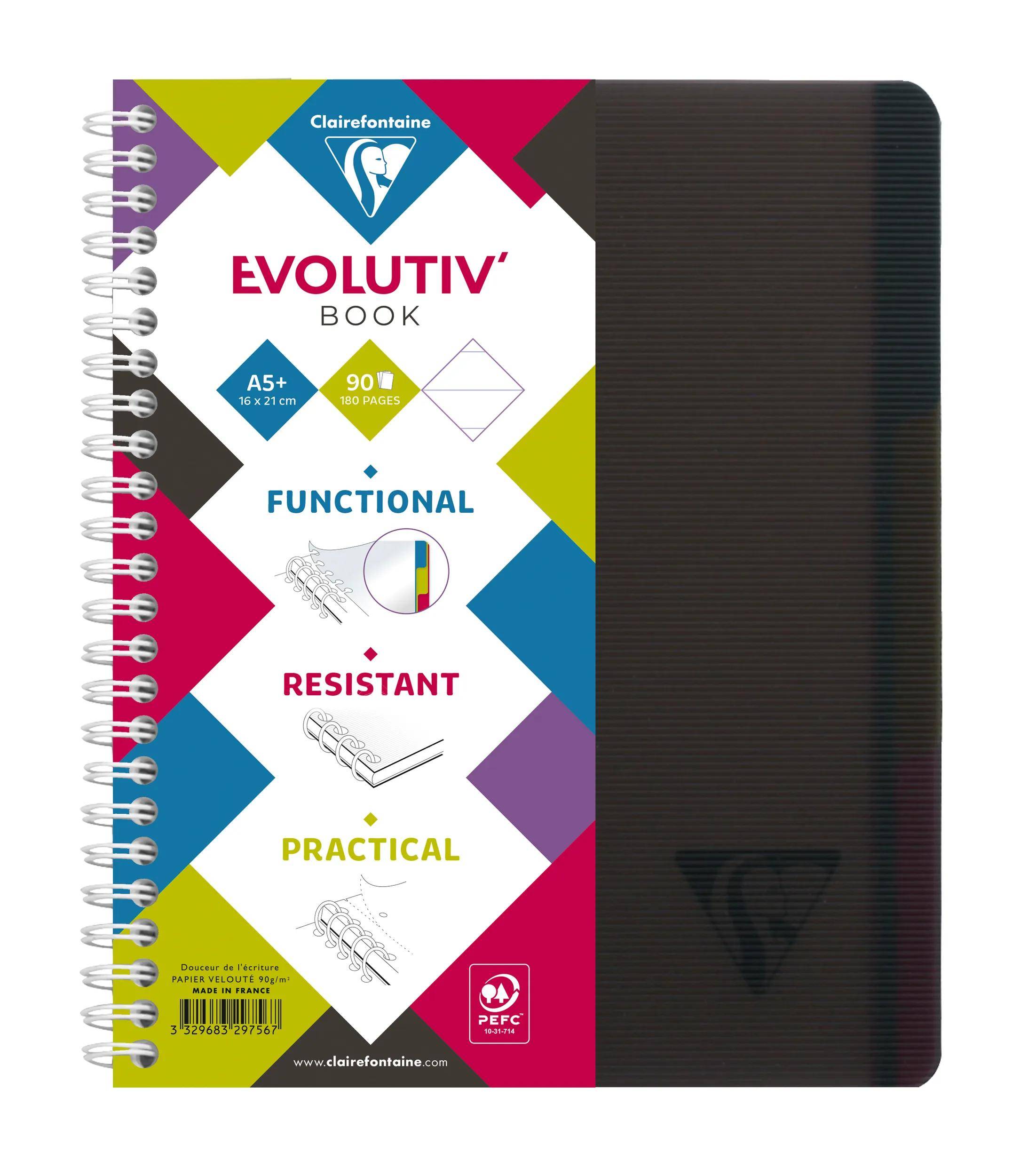 Spiralbindung Clairefontaine Evolutiv' Book Notizbuch mit schwarzem strukturiertem Einband und buntem Frontcover-Etikett mit der Aufschrift A5+, 90 Blätter, funktional, strapazierfähig, praktisch.