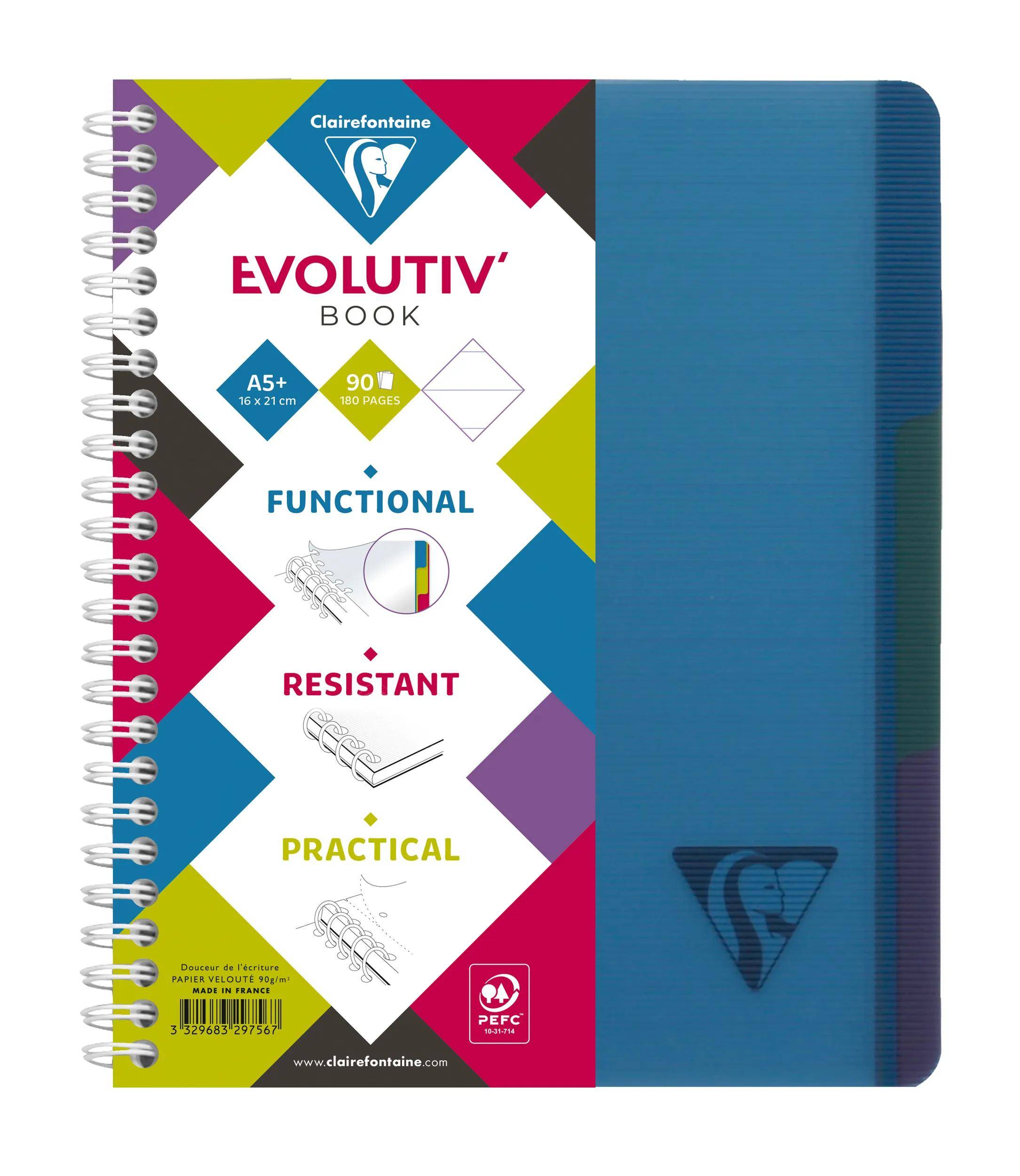 Ein spiralgebundenes Clairefontaine Evolutiv' Book Notizbuch mit blauem strukturiertem Umschlag, frontal abgebildet mit Produktbranding und Funktionsetiketten.