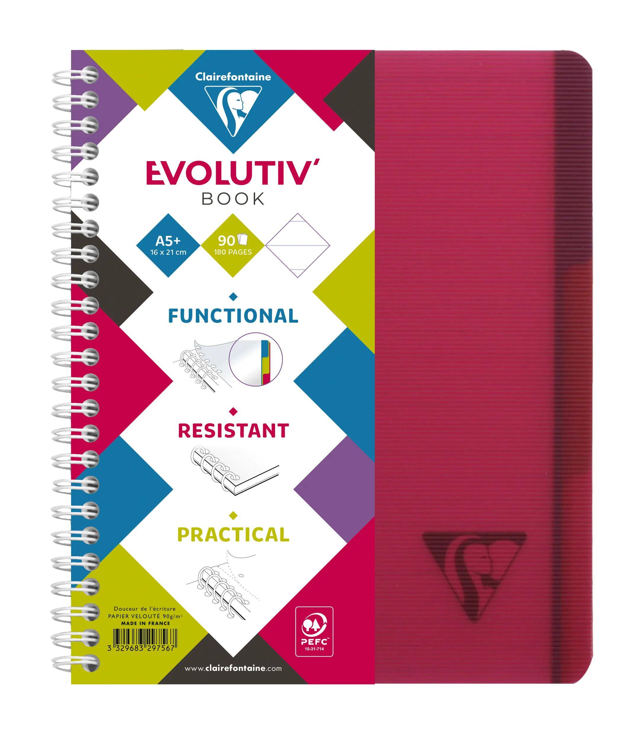 Spiralgebundenes Clairefontaine Evolutiv' Notizbuch mit rosa Umschlag, beschriftet mit 'A5+', '90 Seiten', 'Funktional', 'Widerstandsfähig' und 'Praktisch'.