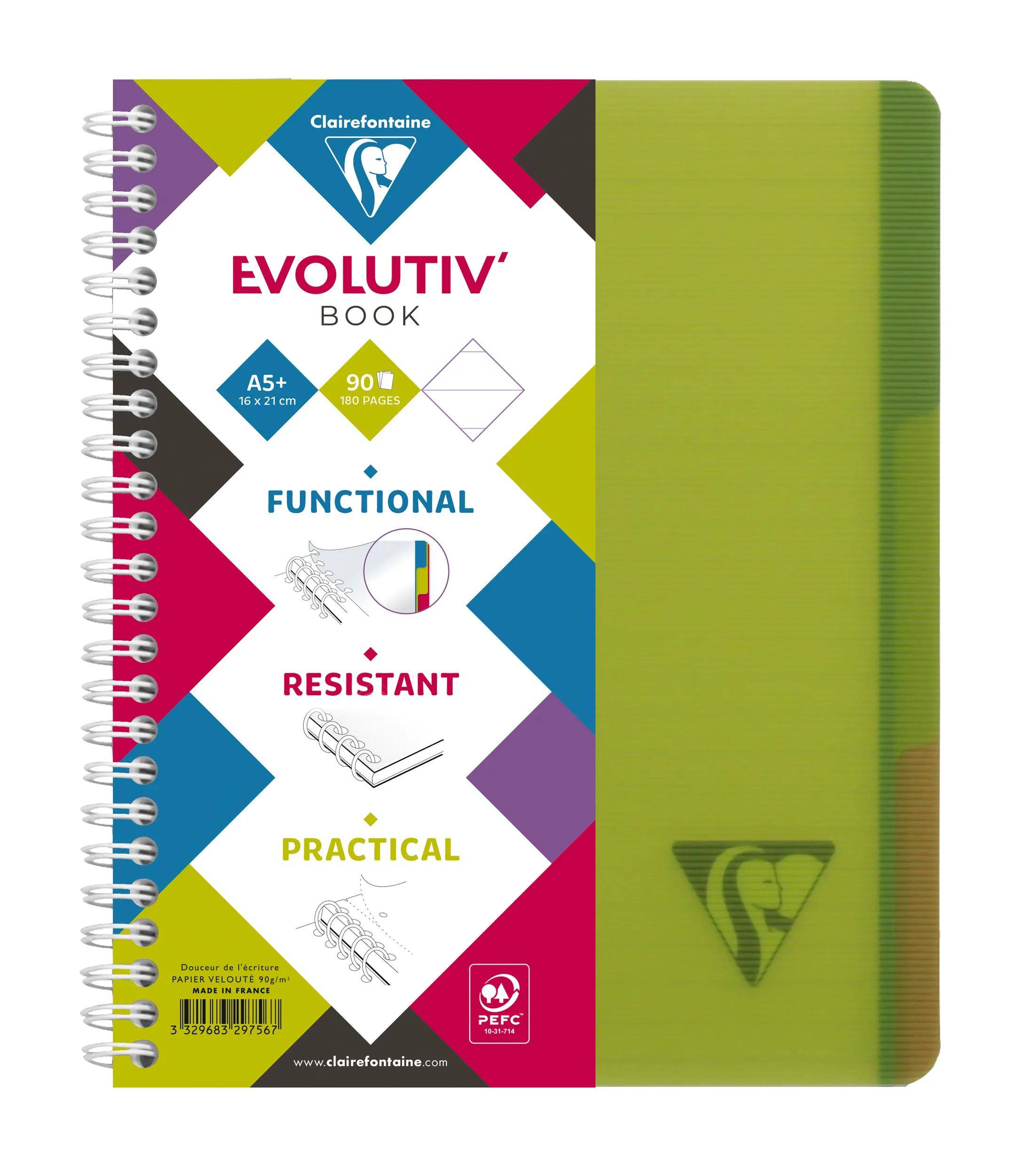 Spiralgebundenes Clairefontaine Evolutiv' Book Notizbuch mit grünem Umschlag, A5+ 90 Seiten, funktional beschriftet, widerstandsfähig, praktisch.