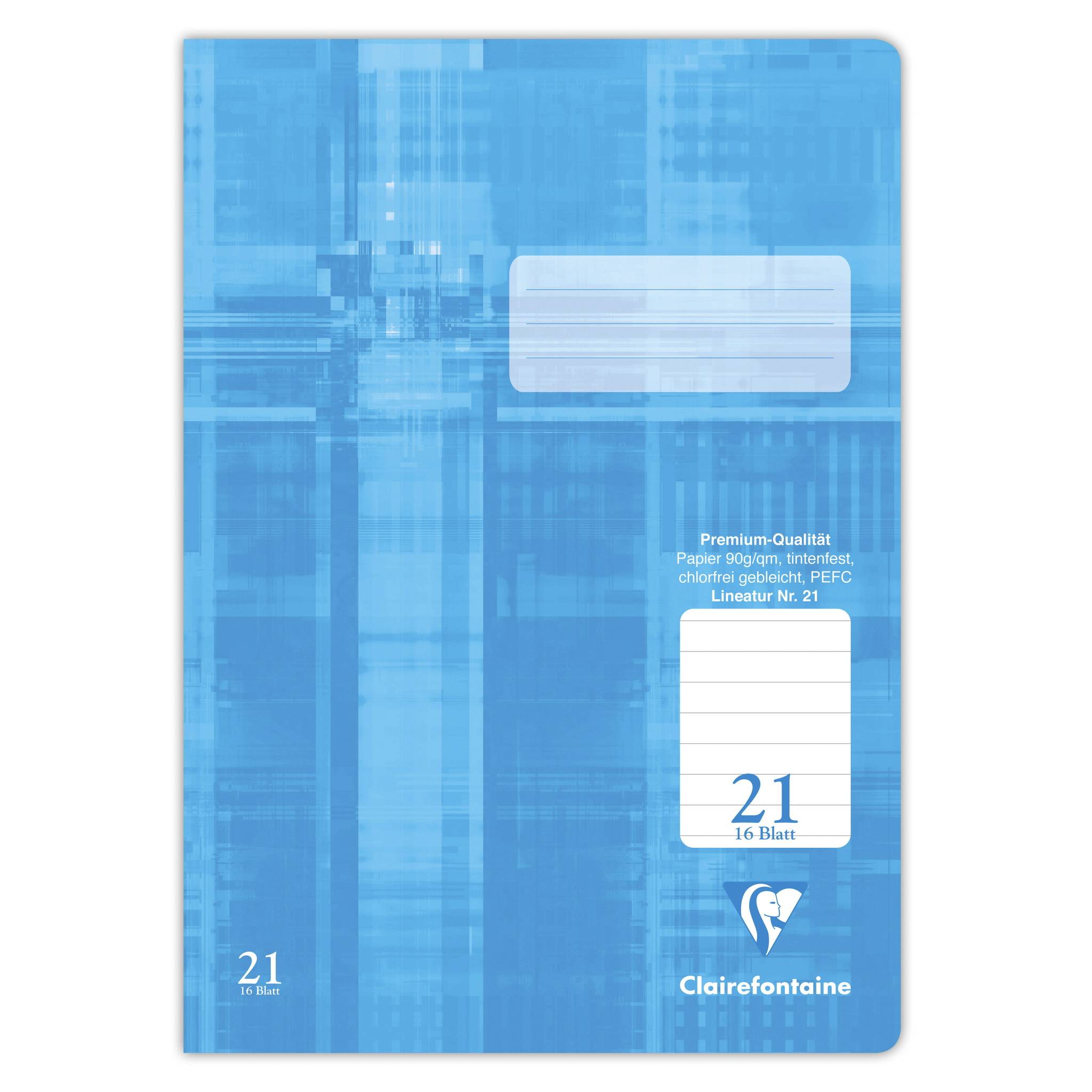 Notizbuch-Umschlag von Clairefontaine in Blau mit einem leeren weißen Etikettenbereich, Text '21 x 16 Blatt' und Papierqualitätsdetails am unteren Rand.