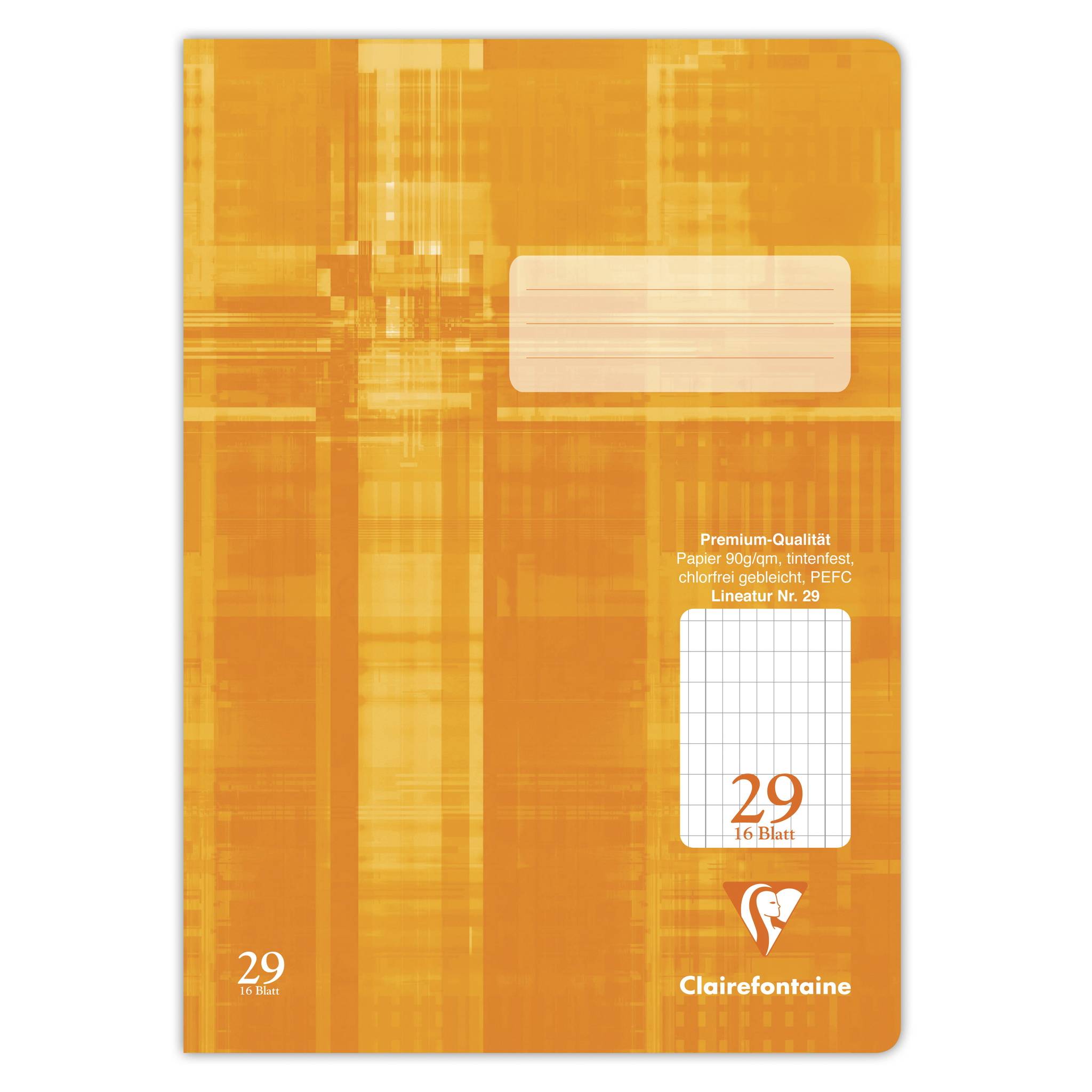 Orange Clairefontaine Notizbucheinband mit leerem Etikettenbereich, Seitenzahl '29' und Markenlogo; hochwertige Papierqualität auf der Vorderseite dargestellt.