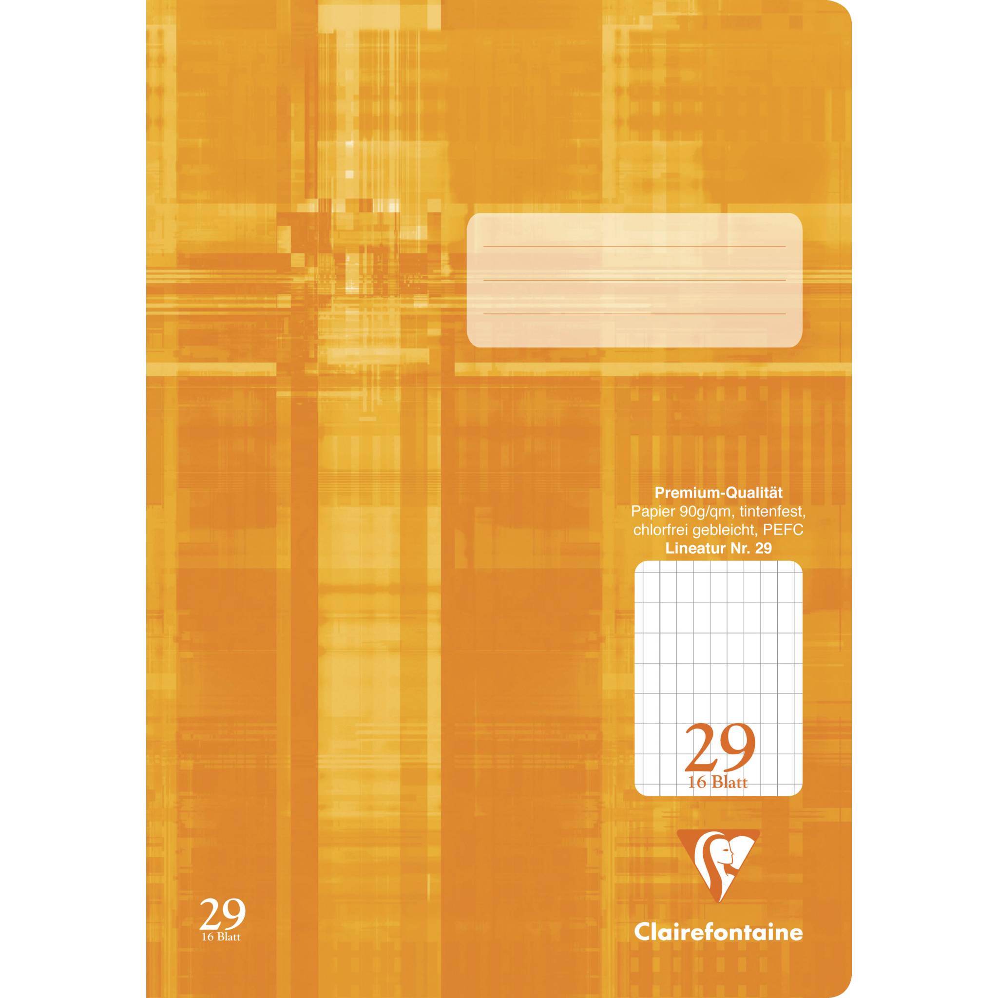 Orange Clairefontaine liniertes Notizbuch mit Umschlag, leerem Etikettenbereich, 29 Seiten und Text "Premium-Qualität Papier 90g/m2, feinst, chlorfrei gebleicht, PEFC"".