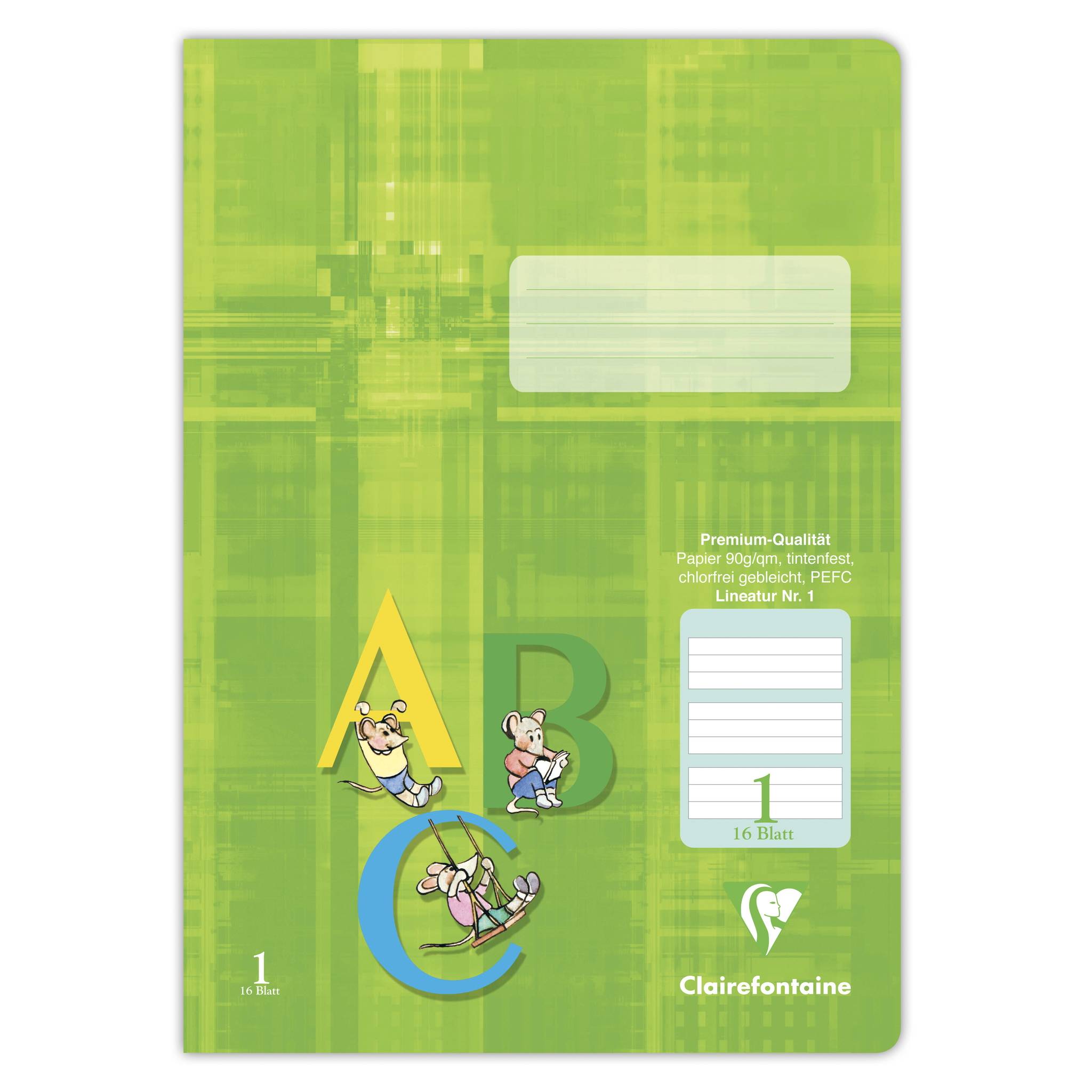Grünes Clairefontaine-Notizbuch-Cover mit großen Buchstaben A, B, C, Cartoon-Mäusen und leerem Etikettenbereich; gekennzeichnet mit „Premium-Qualität