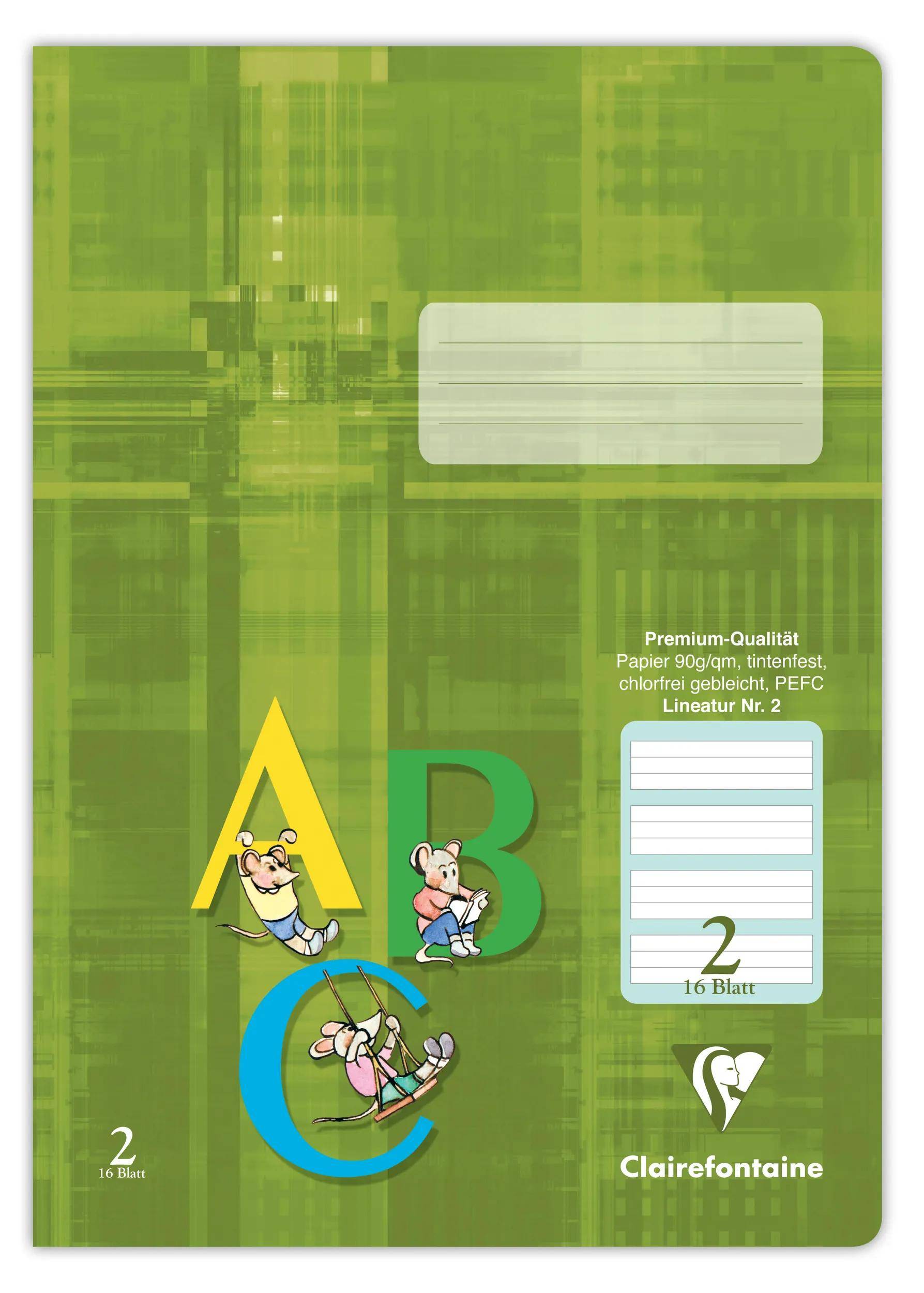 Grüner Clairefontaine-Schreibblock mit großen ABC-Buchstaben und Cartoon-Mäusen, beschriftet mit „Papier 90g/m², getönt, graubeige