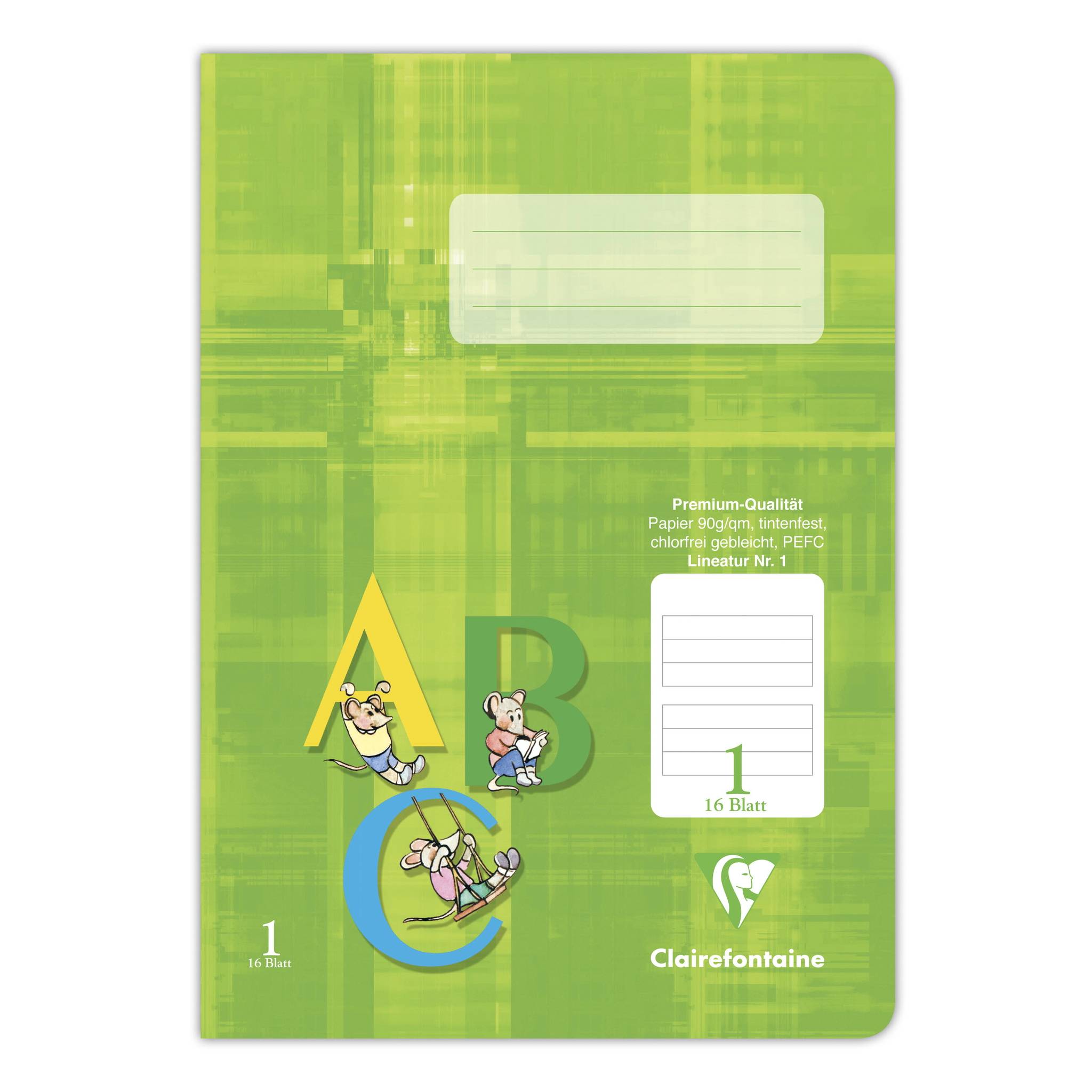 Grüner Clairefontaine Schulnotizbucheinband mit großen bunten Buchstaben A, B, C und Cartoon-Mäusen, gekennzeichnet mit '16 Blatt' und 'Linierte Nr. 1'.