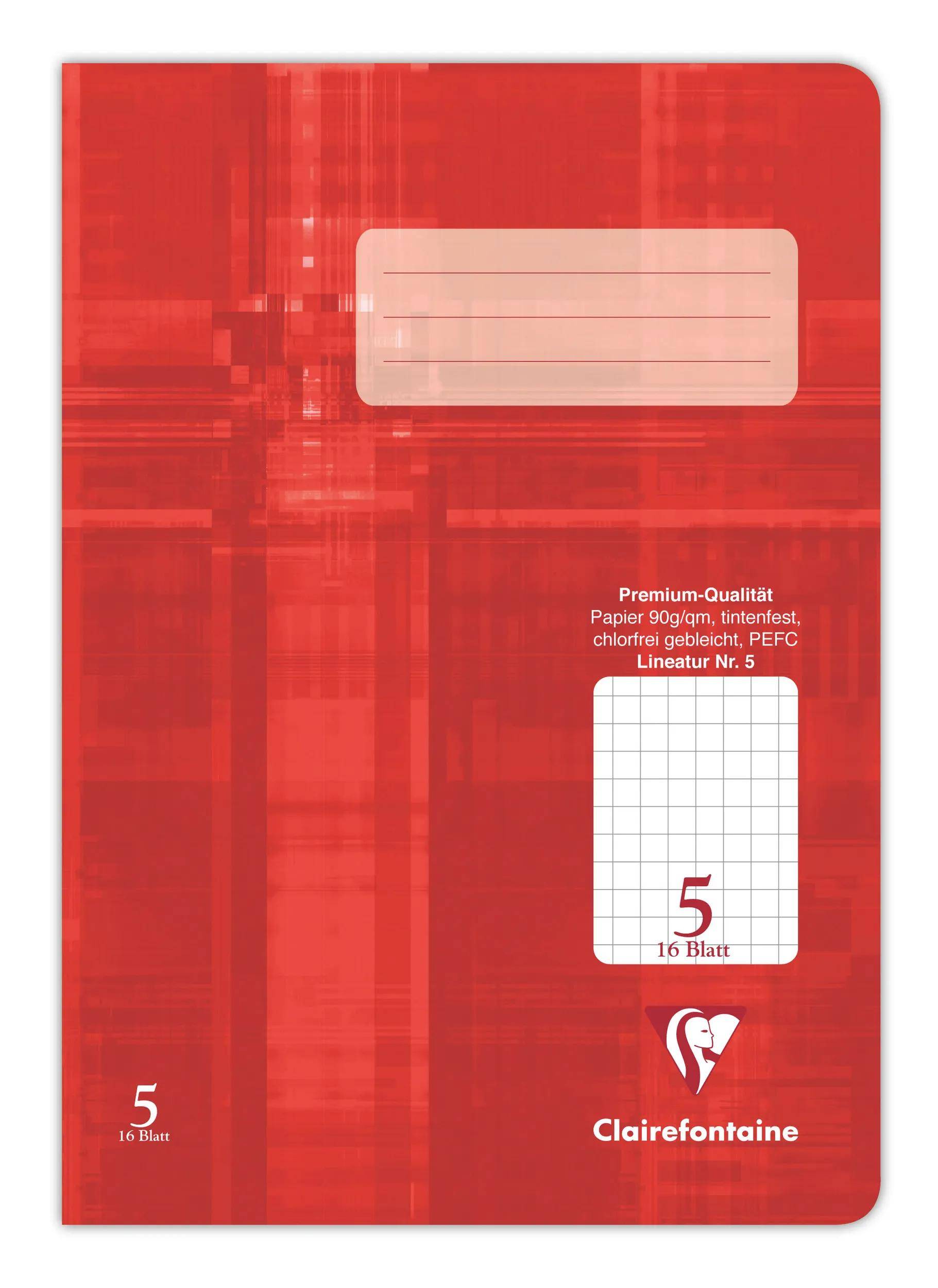 Rotes Notizbuch von Clairefontaine mit Linien, leeres Etikett und Sichtfenster auf der Vorderseite mit 5-mm-Rasterpapier, 16 Blätter.