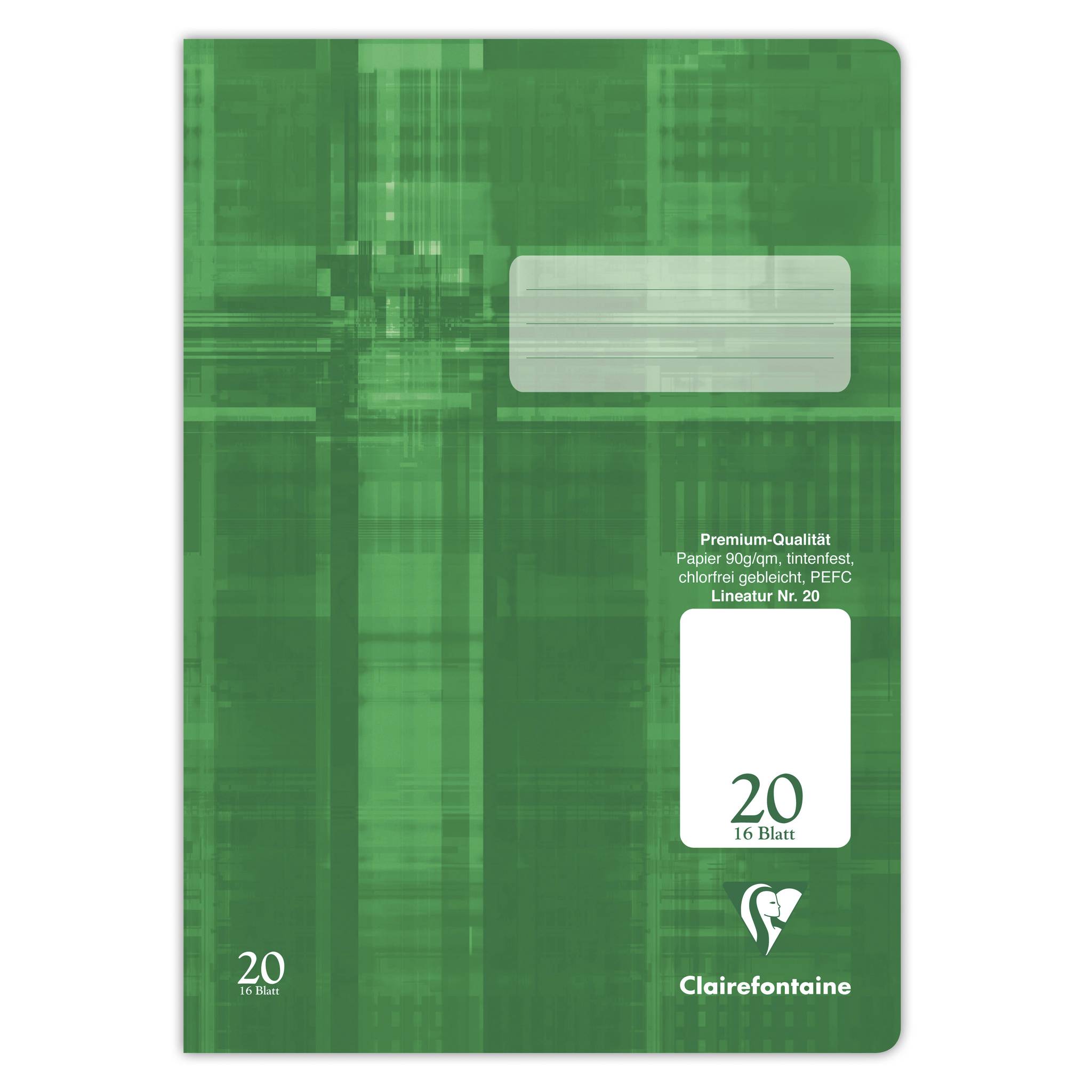 Grüne Clairefontaine Notizblock-Umschlag mit einem leeren Etikettenbereich, '20 16 Blatt' Angabe und Premium-Qualitätt Recyclingpapier-Text.