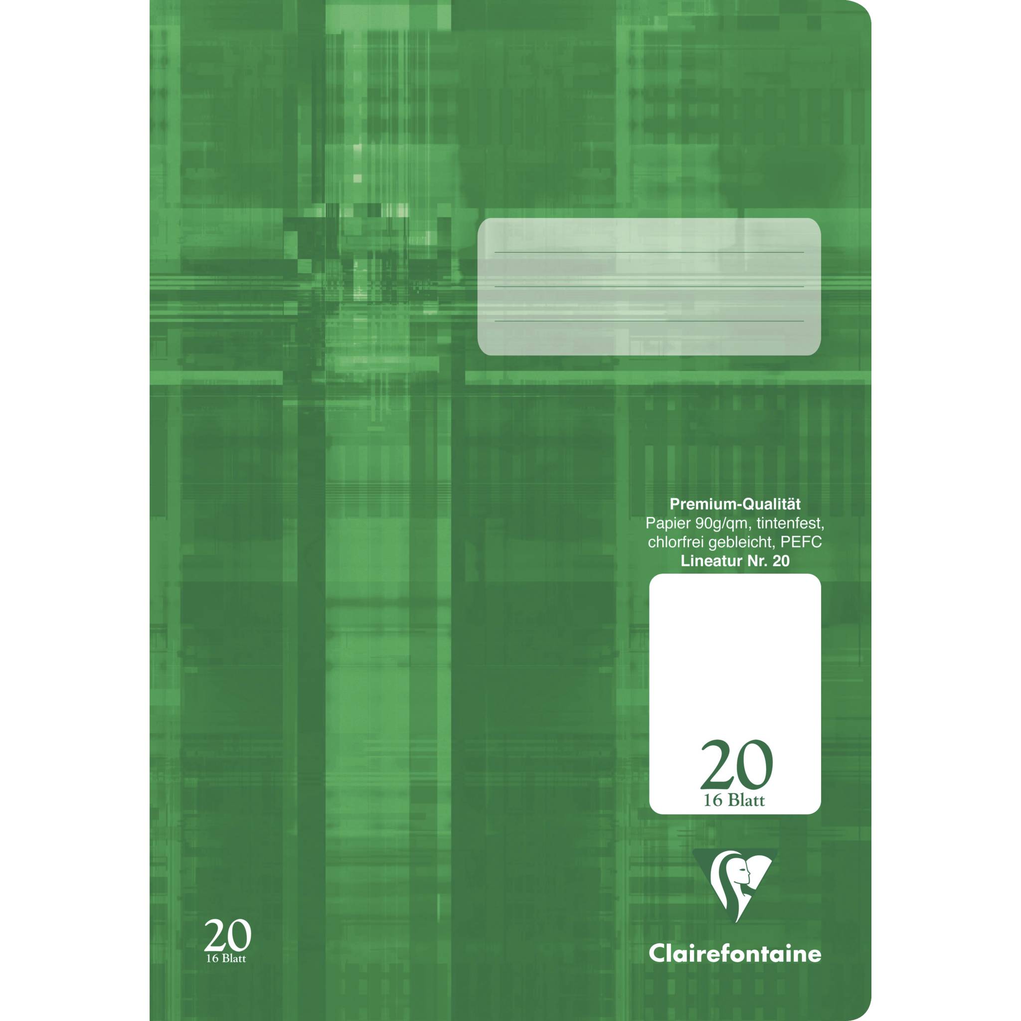 Grüner Clairefontaine Notizbucheinband mit leerem Etikettenbereich, Text „20 16 Blatt" und „Premium-Qualität ... Lineatur Nr. 20"".
