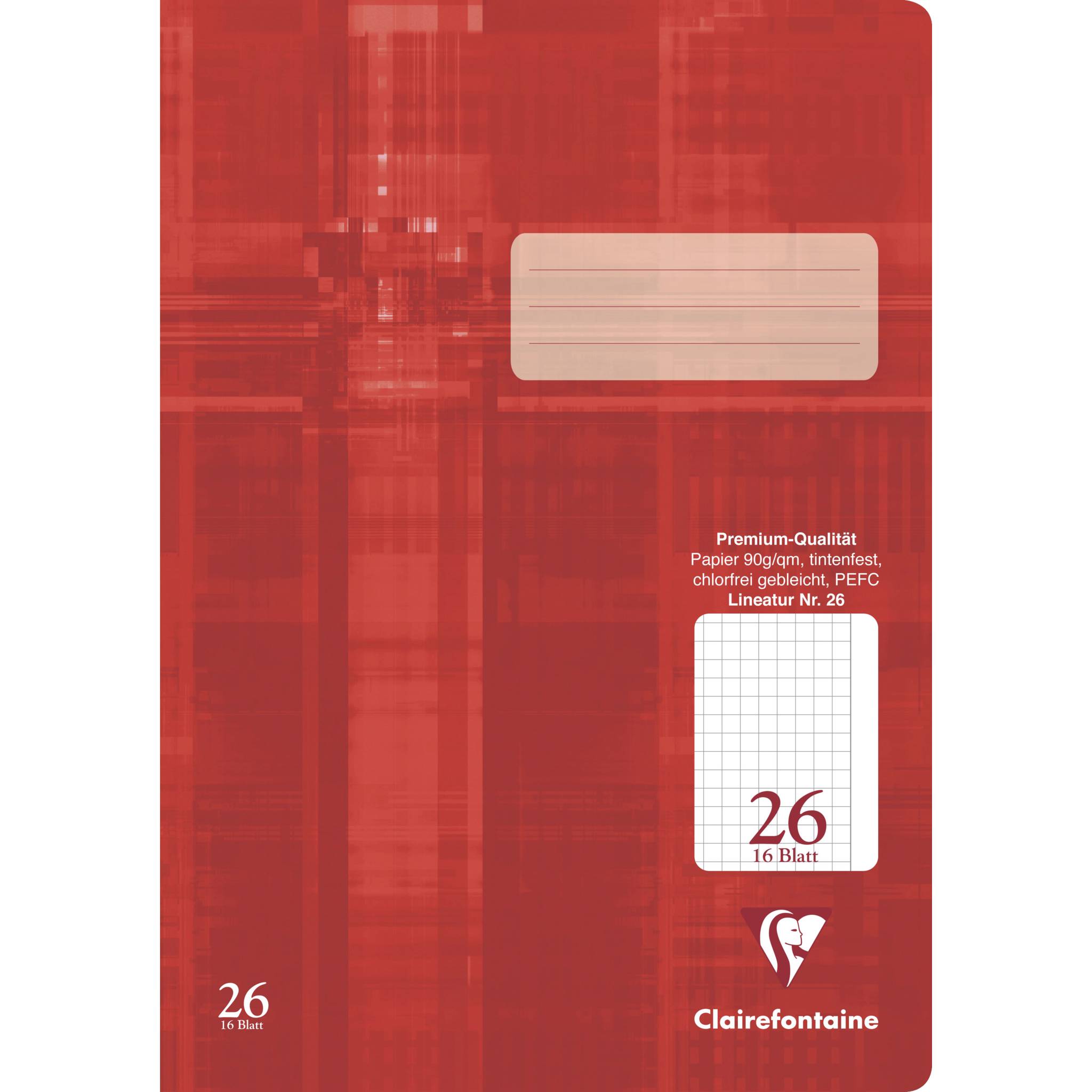 Rotes Clairefontaine Notizbuch mit Linien und Etikettierungsbereich, „26" Seiten und „16 Blatt"" Text, was auf einen 26-seitigen Block hinweist.