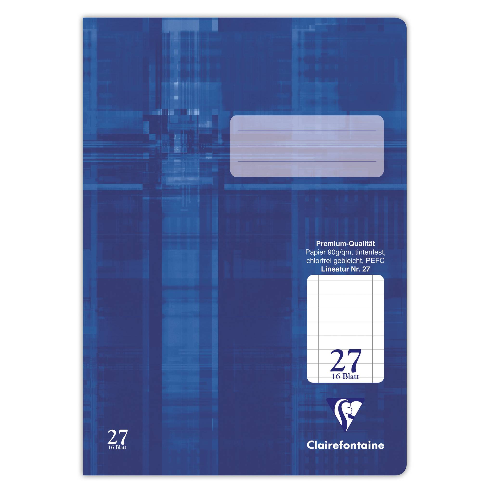 Blauer Clairefontaine-Notizbucheinband mit einem Etikettenbereich, 27 Seitenzahl und deutscher Text, der hochwertige linierte Papiere angibt, 16 Blätter.
