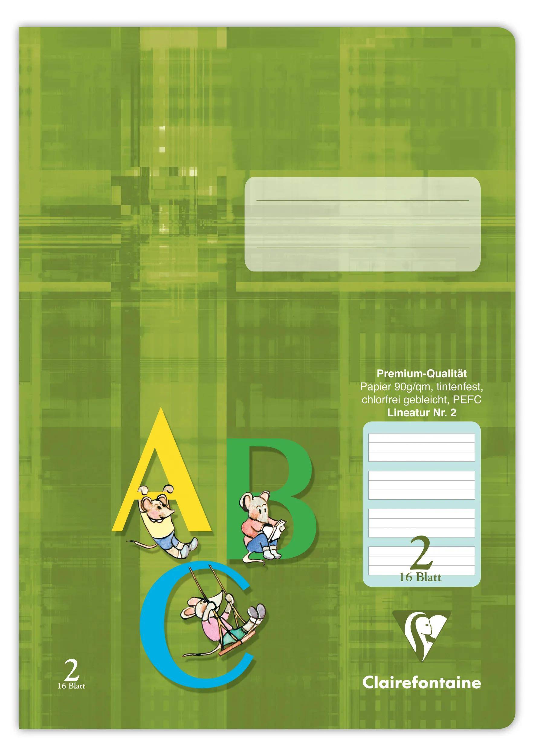Grüner Clairefontaine A4 Notizbucheinband mit großen ABC-Buchstaben und Cartoonmäusen, gekennzeichnet mit „Premium-Qualität
