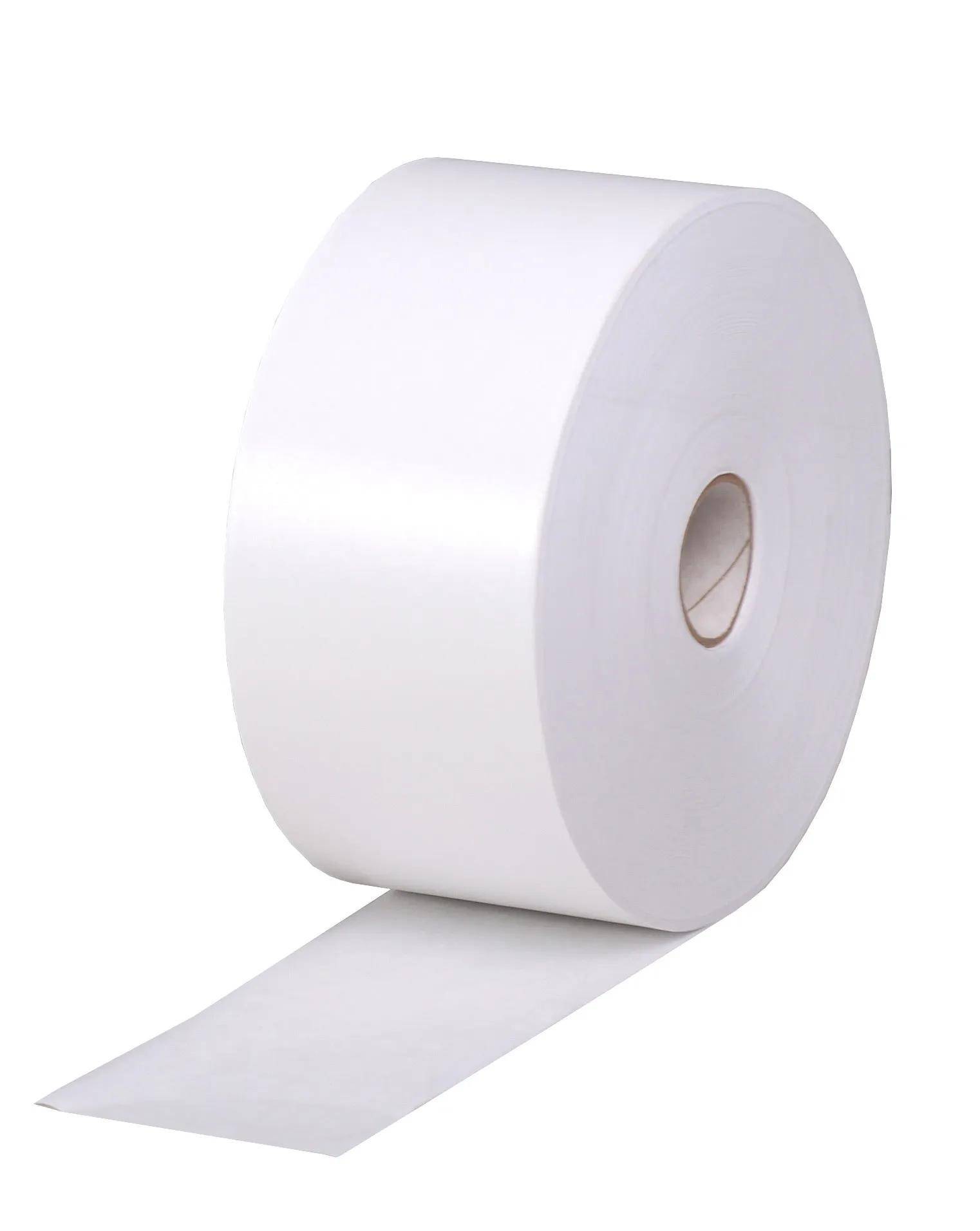 Eine große weiße Rolle Papier oder Etiketten mit einem abgerollten Streifen auf einfachem Hintergrund.