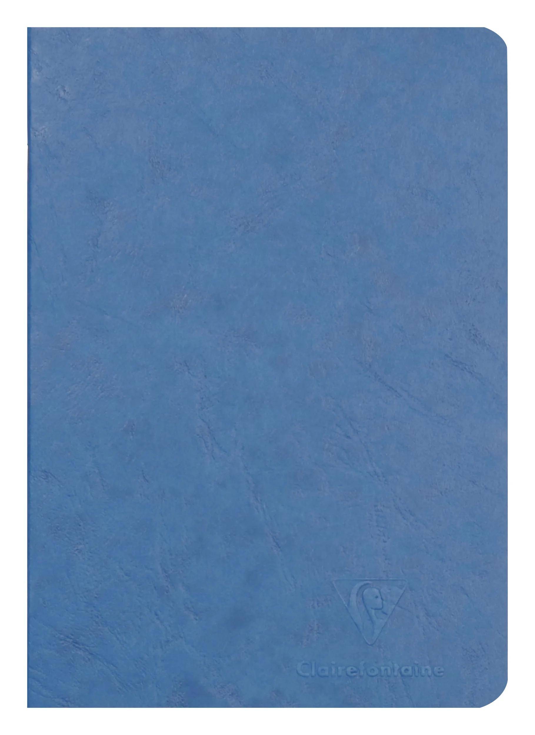 Blauer lederner Notizbucheinband mit gerundeten Ecken und geprägtem Clarefontaine-Logo in der Nähe des unteren Randes