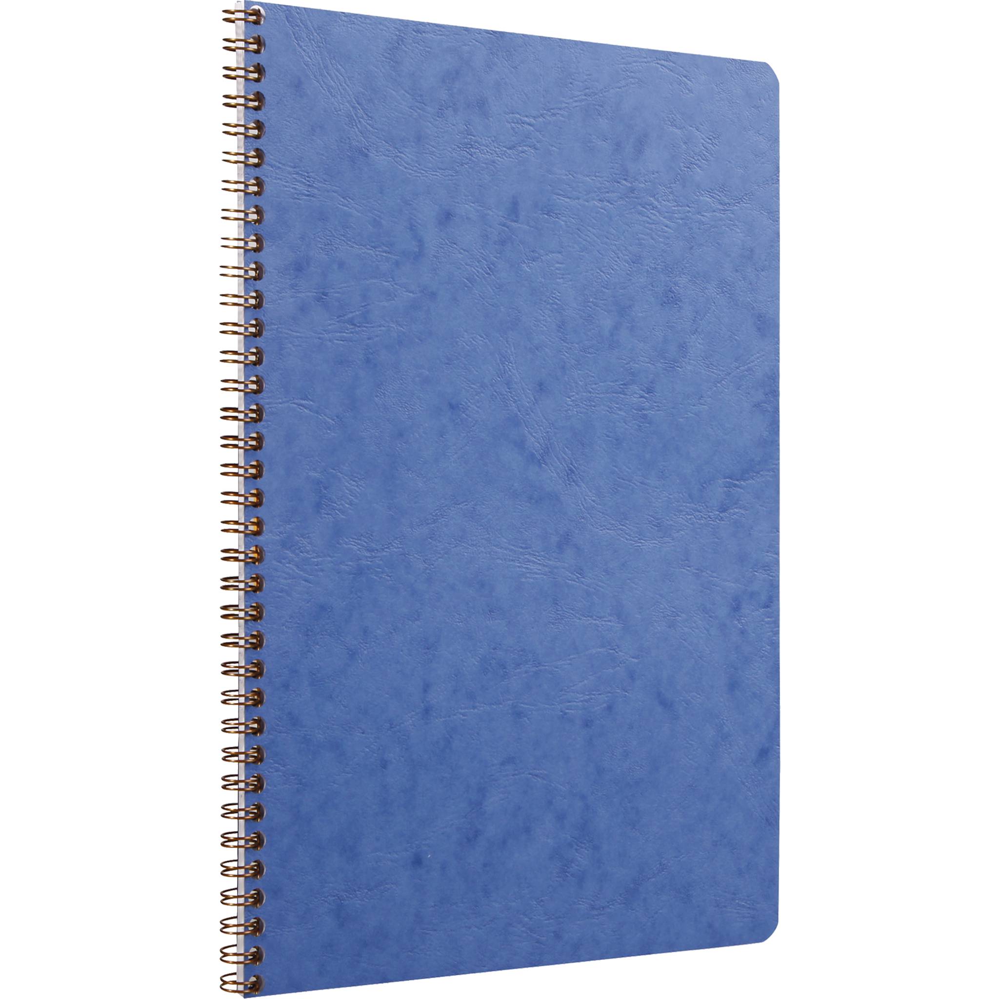 Blaues spiralgebundenes Notizbuch mit strukturiertem Einband auf schwarzem Hintergrund.
