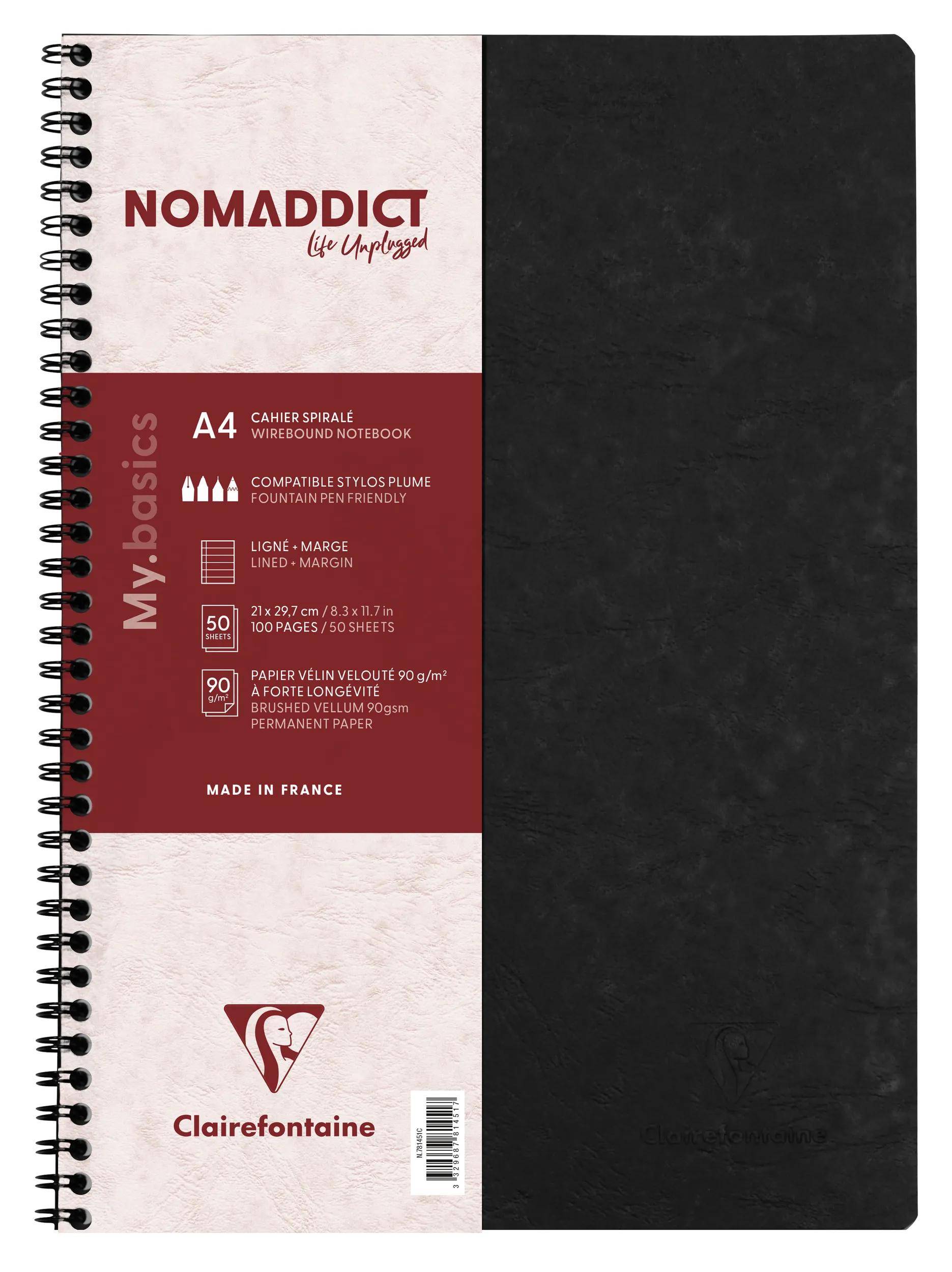 Produktfoto eines Clairefontaine NOMADDICT A4 Spiralblocks mit schwarzem Umschlag, schwarzer Spirale und rotem Etikett, auf dem seine Eigenschaften aufgelistet sind.