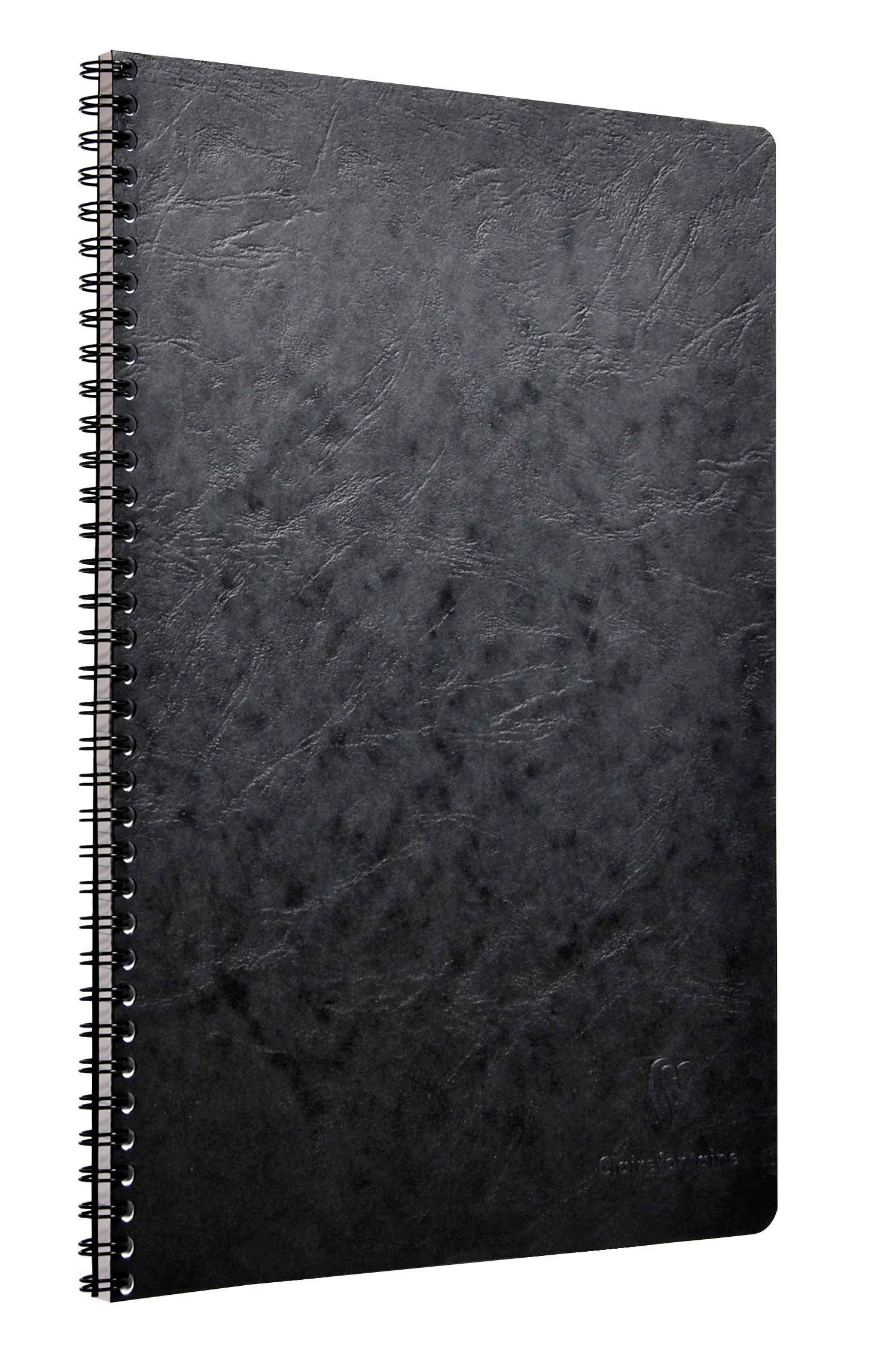 Schwarzes spiralgebundenes Notizbuch mit strukturiertem Einband, geschlossen auf weißem Hintergrund abgebildet.