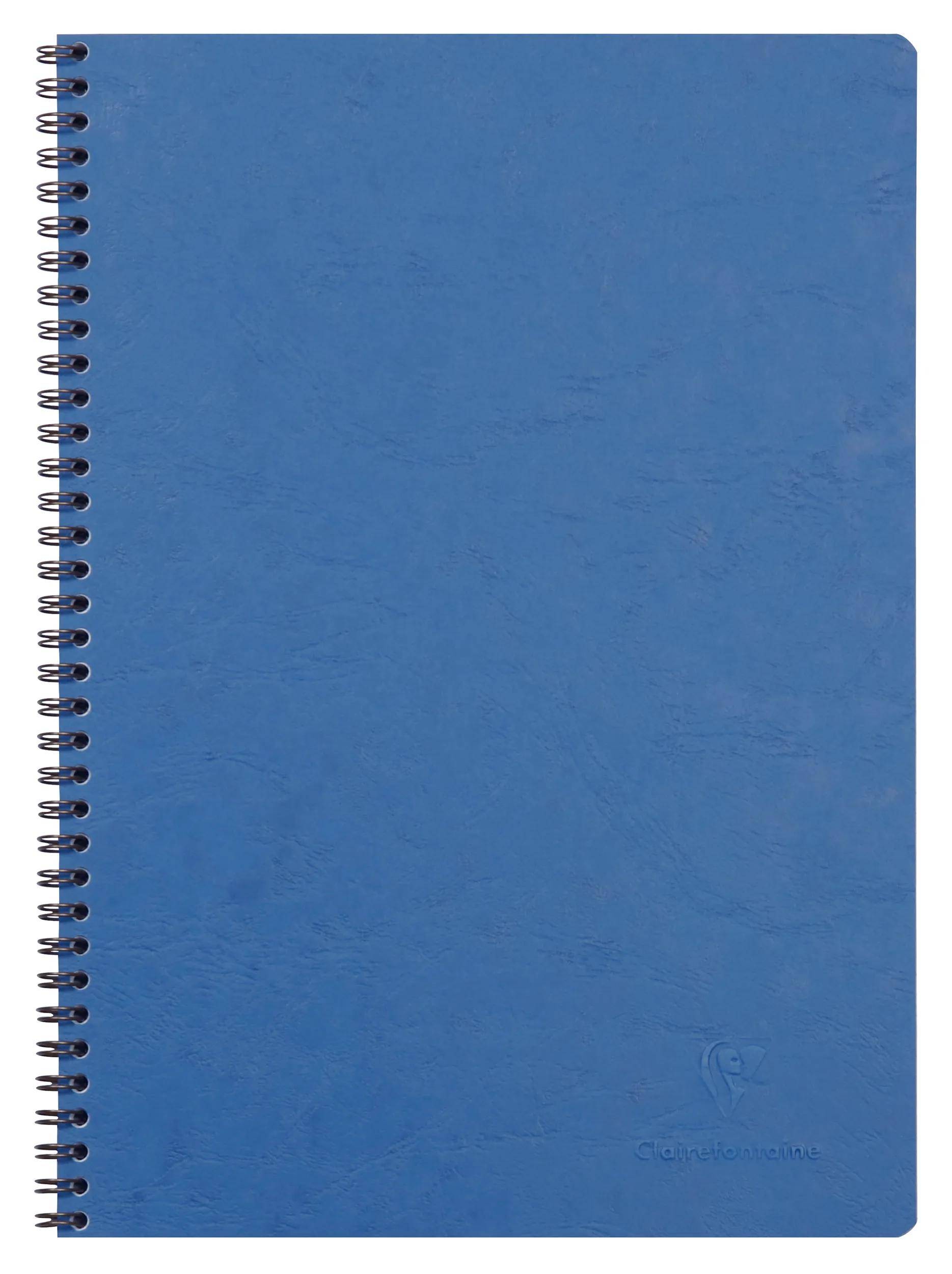 Blaues spiralgebundenes Notizbuch mit leerem Einband, vertikal auf weißem Hintergrund dargestellt.