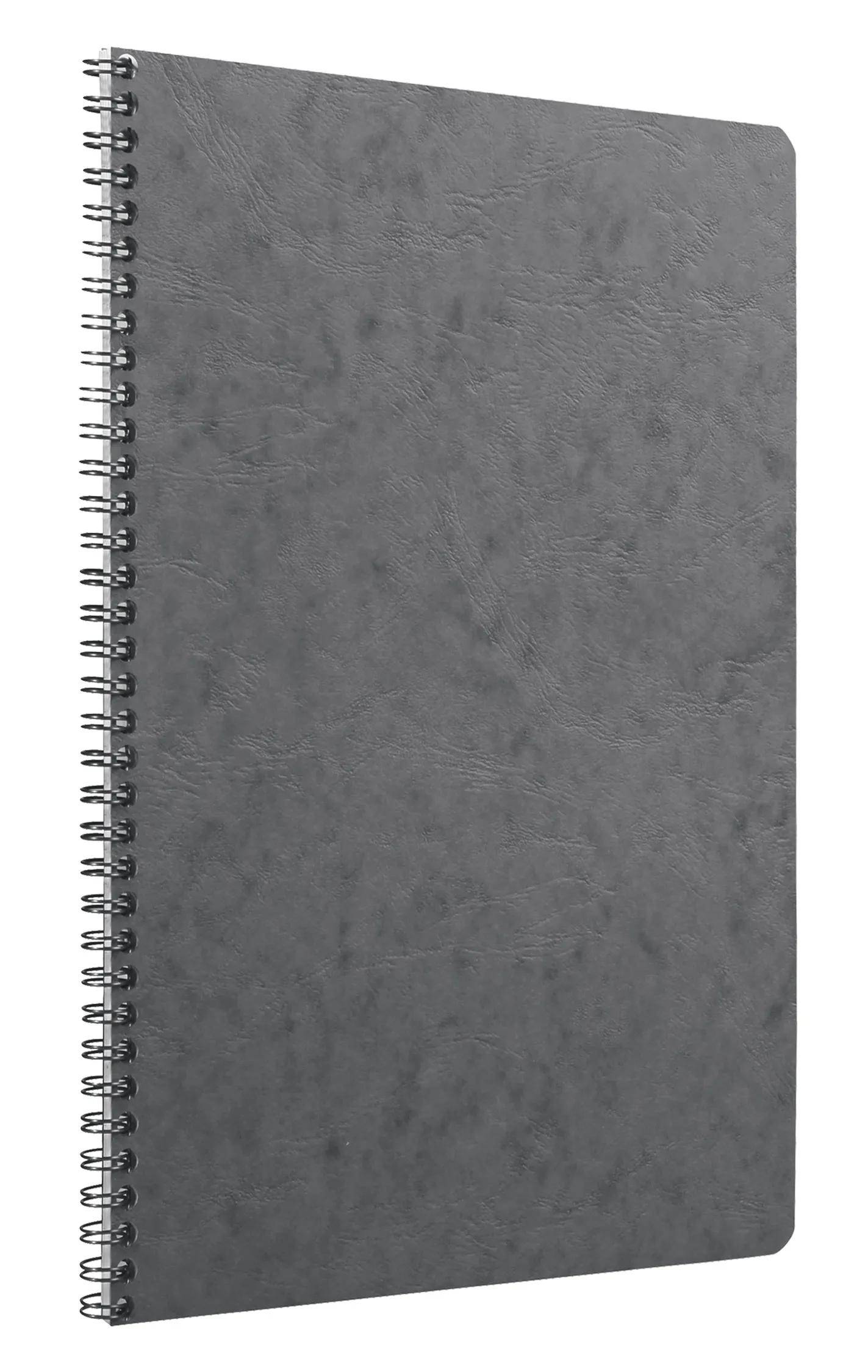Graues spiralgebundenes Notizbuch mit strukturiertem Einband, geschlossen auf weißem Hintergrund dargestellt.